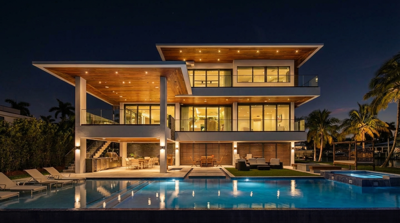 This image showcases the rear exterior of a luxurious modern home, centered around a stunning pool and spa area. The multi-tiered home features expansive glass windows and doors that open to outdoor living spaces. The pool area is well-lit, creating an inviting atmosphere for relaxation and entertainment.