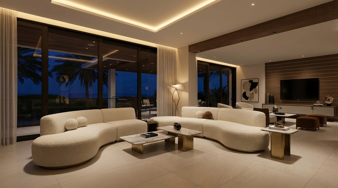 This is a luxurious living room featuring a curved white sofa and marble-topped coffee tables with gold accents. Large windows provide ample natural light and views of the outdoors. The room is decorated in a modern and sophisticated style with a neutral color palette, creating a serene and inviting atmosphere.