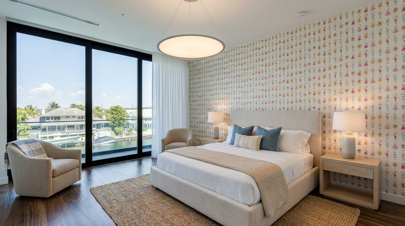 This bright primary bedroom features a large window with a view of the water, a bed with light colored linens and blue throw pillows, and a patterned wallpaper. The room has an overall clean and modern style. Neutral colored armchairs and a jute rug complete the space.