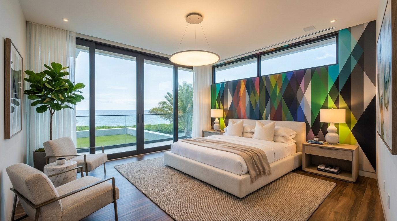 This is a well-lit primary bedroom featuring sliding glass doors that open to a balcony with ocean views. The room is stylishly decorated with modern furniture including two armchairs, a large bed with a neutral-toned throw, and contemporary nightstands. A colorful geometric wall design serves as a headboard and adds a vibrant focal point to the serene space.