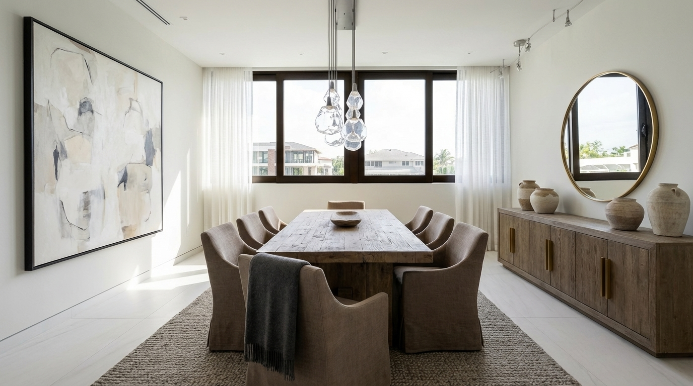 This dining room features a large, rustic wood table surrounded by upholstered chairs, creating a warm and inviting atmosphere. An abstract piece of art adds a modern touch to the space, while a sideboard with decorative vases provides ample storage. Natural light pours in through a large window, enhancing the room's bright and airy feel.