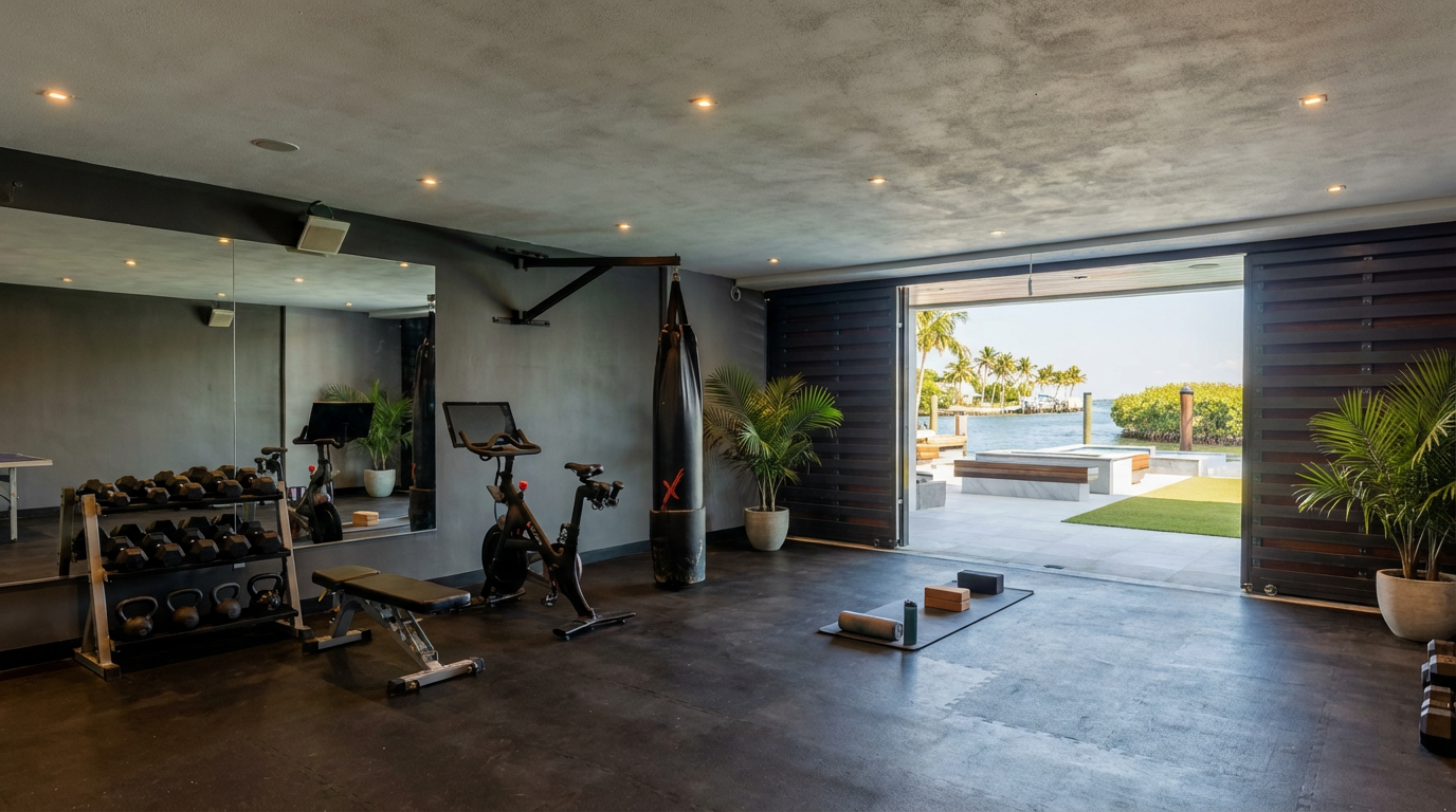 This is a well-equipped home gym with modern finishes. The space includes exercise bikes, a punching bag, free weights, and a weight bench mirrored wall and an opening to a water view patio with tropical accents.