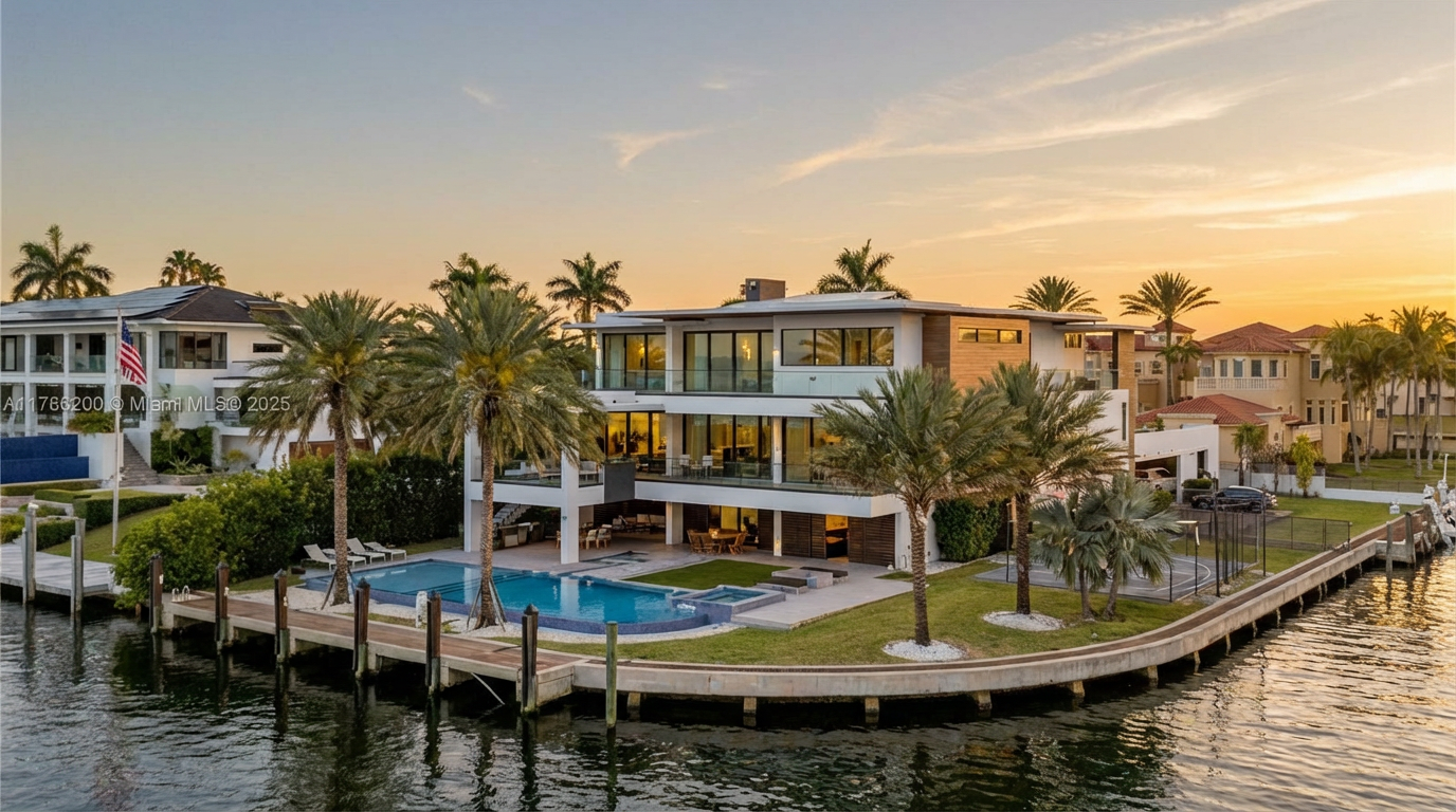 This is an aerial shot of a luxury waterfront property at sunset highlighting its impressive modern architecture, pool, and meticulously maintained grounds. The home showcases a spacious layout with multiple levels and balconies, emphasizing its outdoor living spaces, complimented by mature palm trees. The property is well-positioned with direct water access and docking facilities.