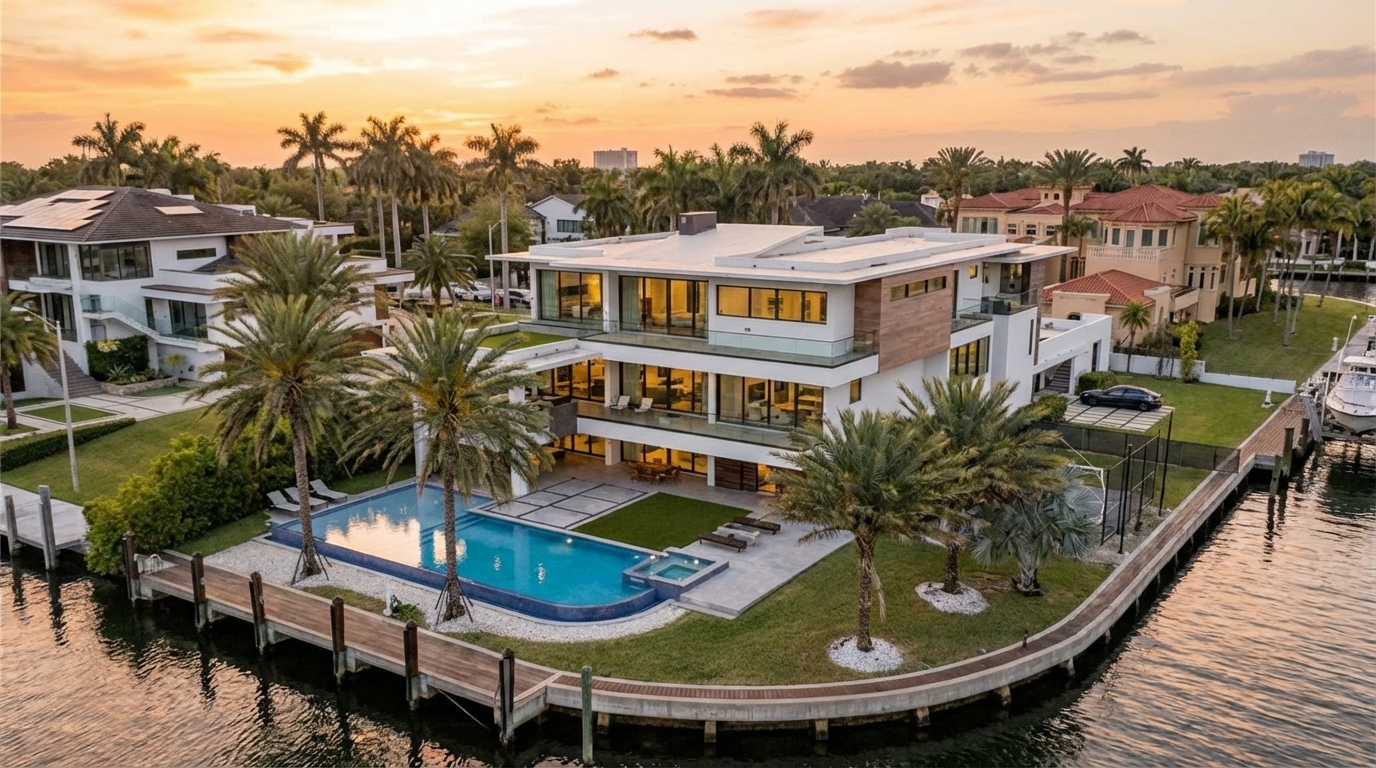 This aerial view showcases a luxurious waterfront property at sunset. The modern home features a multi-level design with a flat roof, expansive windows, and balconies overlooking a pool and landscaped yard. The property includes a private dock, enhancing its appeal for boaters, with surrounding lush greenery and neighboring residences adding to the desirable location.
