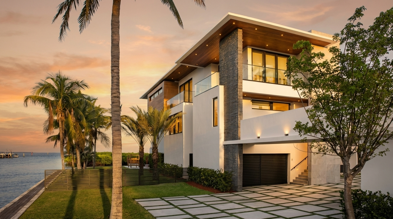 This is a stunning front exterior view of a contemporary home. The architecture features clean lines, a combination of white and stone cladding, and a wood-paneled roof overhang. A meticulously designed driveway and well-manicured lawn add to the property's curb appeal, while the presence of palm trees suggests a tropical or waterfront location.