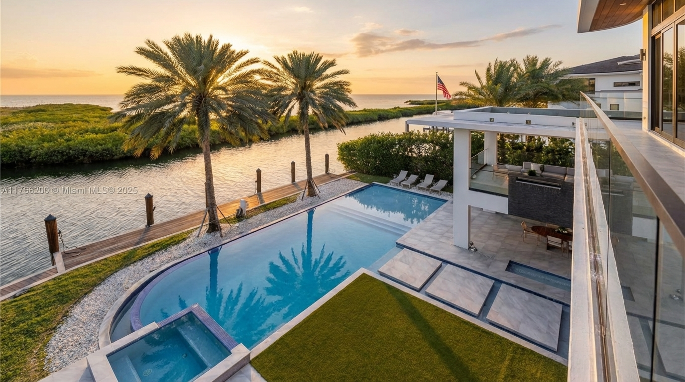 This aerial view showcases a modern backyard featuring a large pool and spa with blue-tiled accents. Palm trees line the waterfront, adding a tropical feel, while a covered patio offers a shaded seating area. The property is adjacent to a waterway, enhancing the luxurious and private setting.