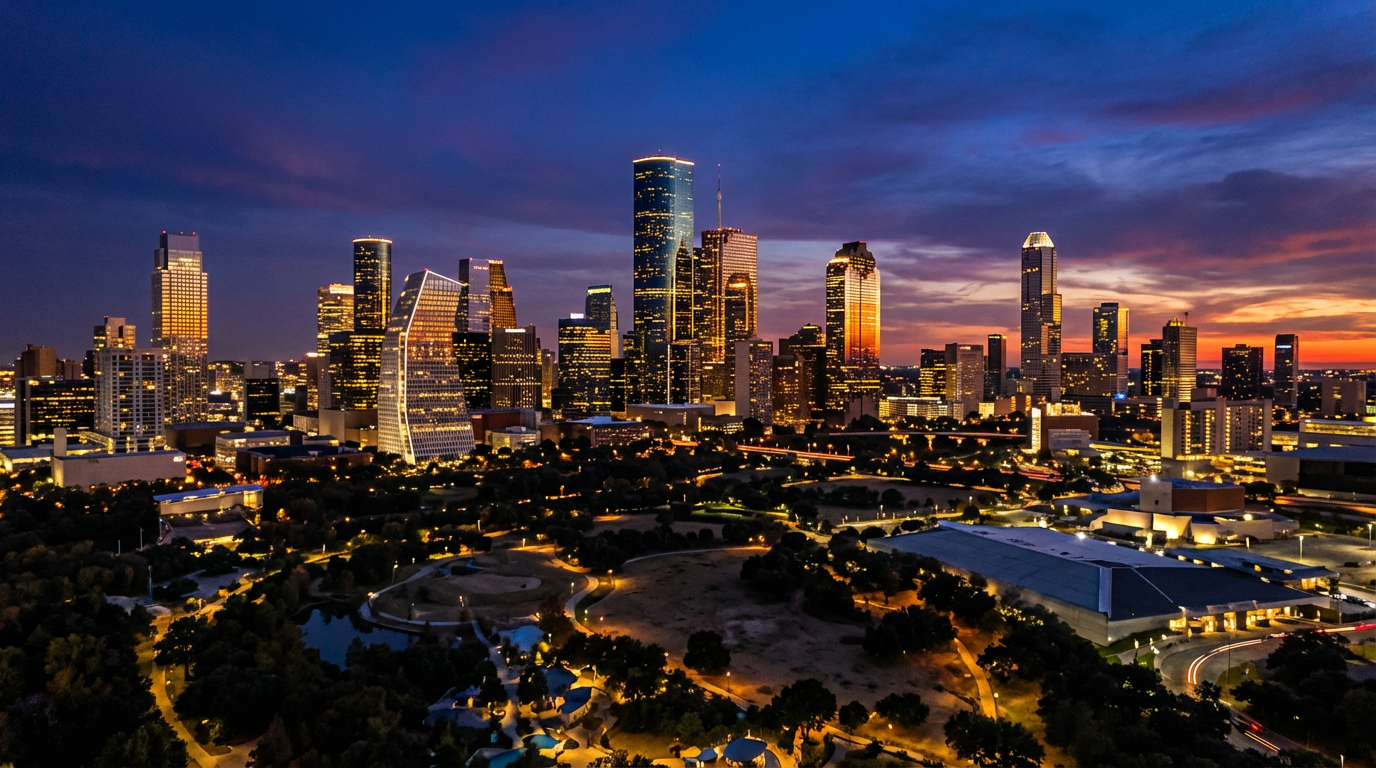 This captivating aerial view showcases the Houston skyline at dusk, with illuminated skyscrapers creating a stunning visual impact. The city buildings are complemented by lush greenery below, highlighting the urban oasis. The vibrant colors of the twilight sky add a touch of drama to the scene, making it a desirable real estate location.