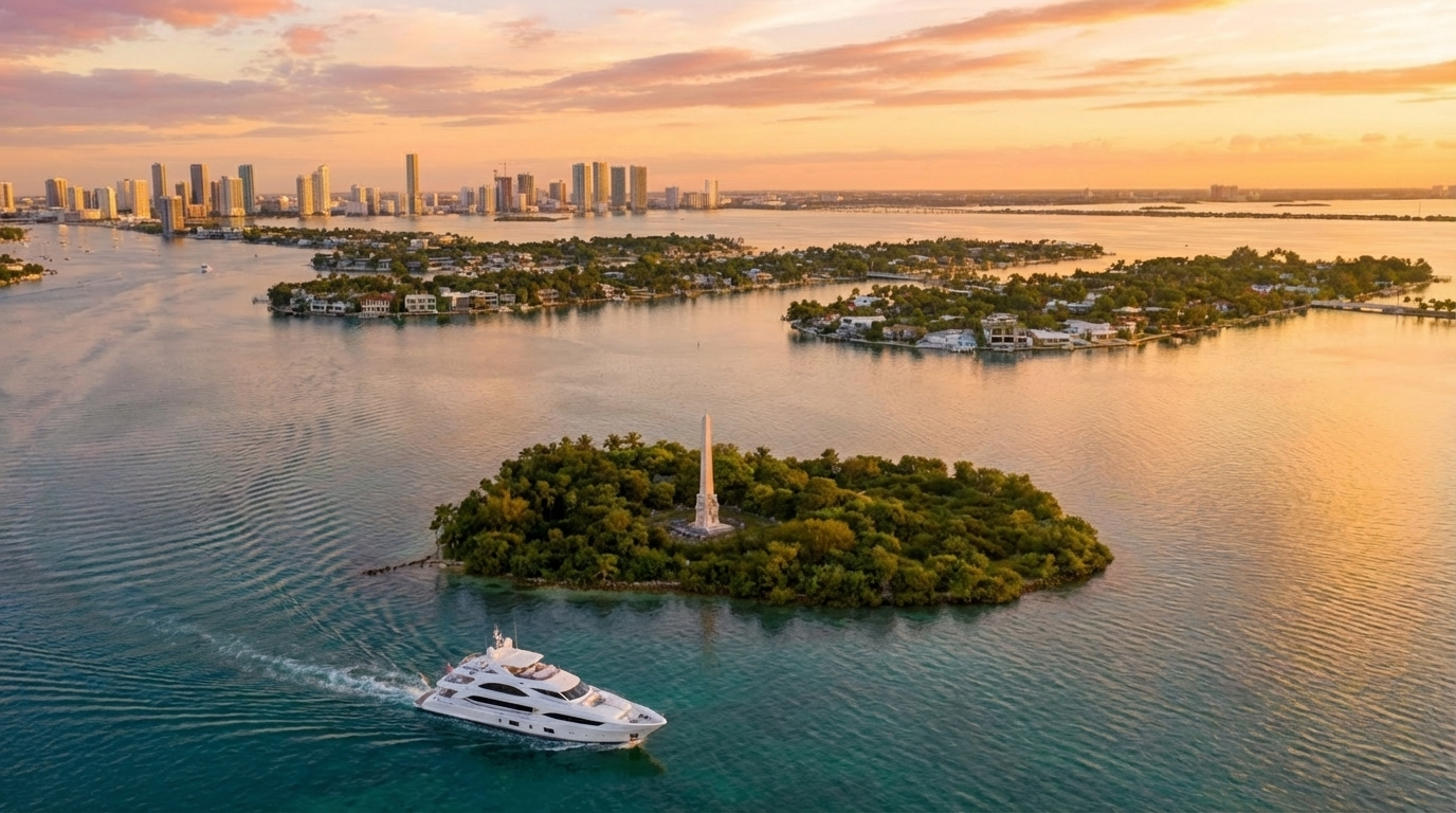 An aerial view showcases a luxury yacht cruising in turquoise waters near a lush island with a prominent monument. In the background, a city skyline is bathed in the warm glow of sunset. This image highlights the property's proximity to both natural beauty and urban amenities, suggesting a desirable location and upscale lifestyle.