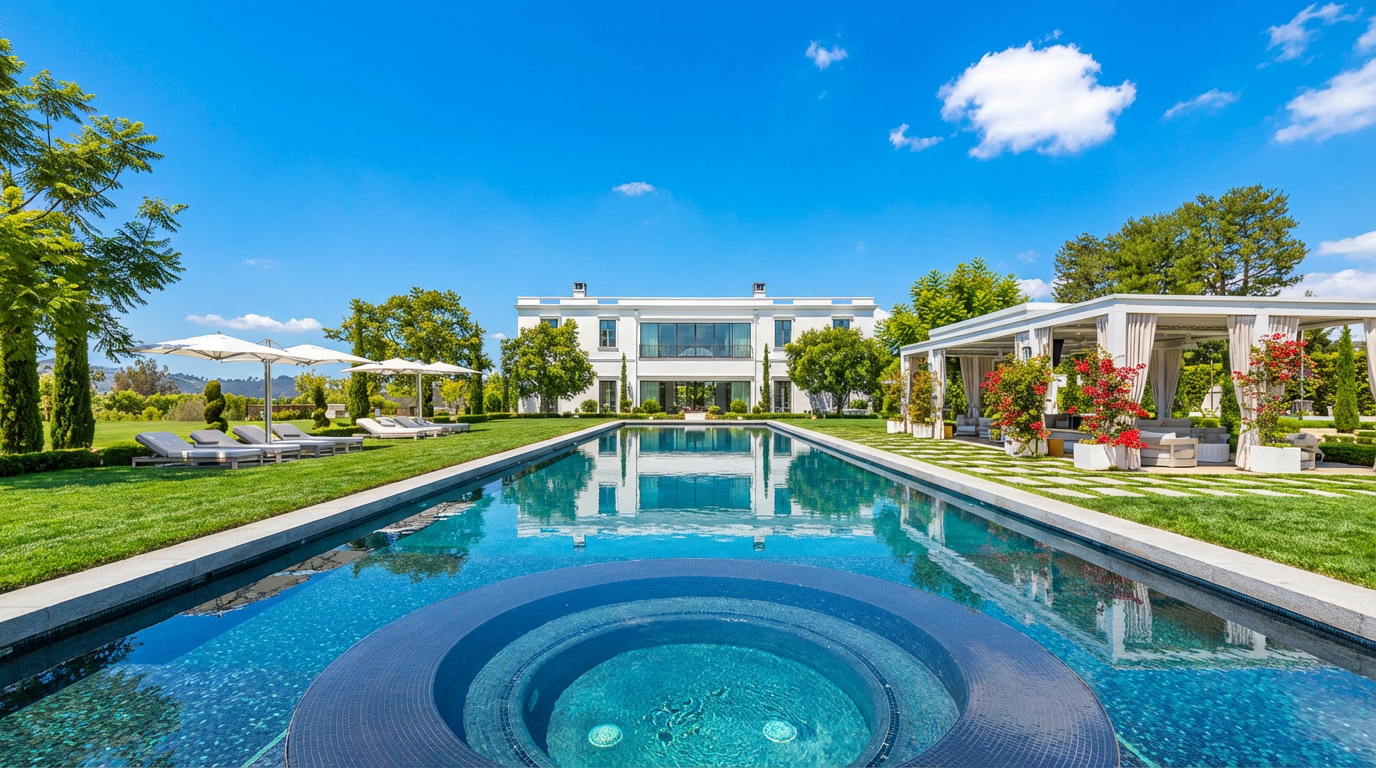 This image shows an impressive pool and spa area in the backyard of a luxury property. The rectangular pool reflects the house and sky, and also features a circular spa at the end. The surrounding manicured lawn, outdoor lounge area, and gazebo add to the luxurious feel, suggesting upscale outdoor living and entertaining.