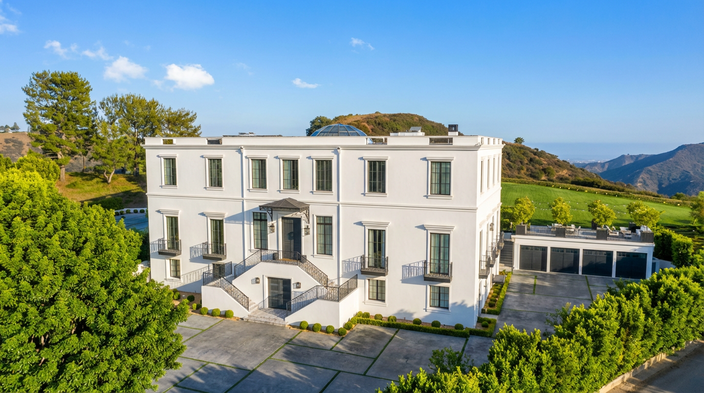 This aerial shot showcases a grand, white, multi-story home with black-framed windows and a symmetrical design. The property features meticulously manicured landscaping, a sprawling driveway, and a separate garage structure with a rooftop patio or deck. The surrounding hillside offers stunning views, enhancing the estate's privacy and exclusivity.
