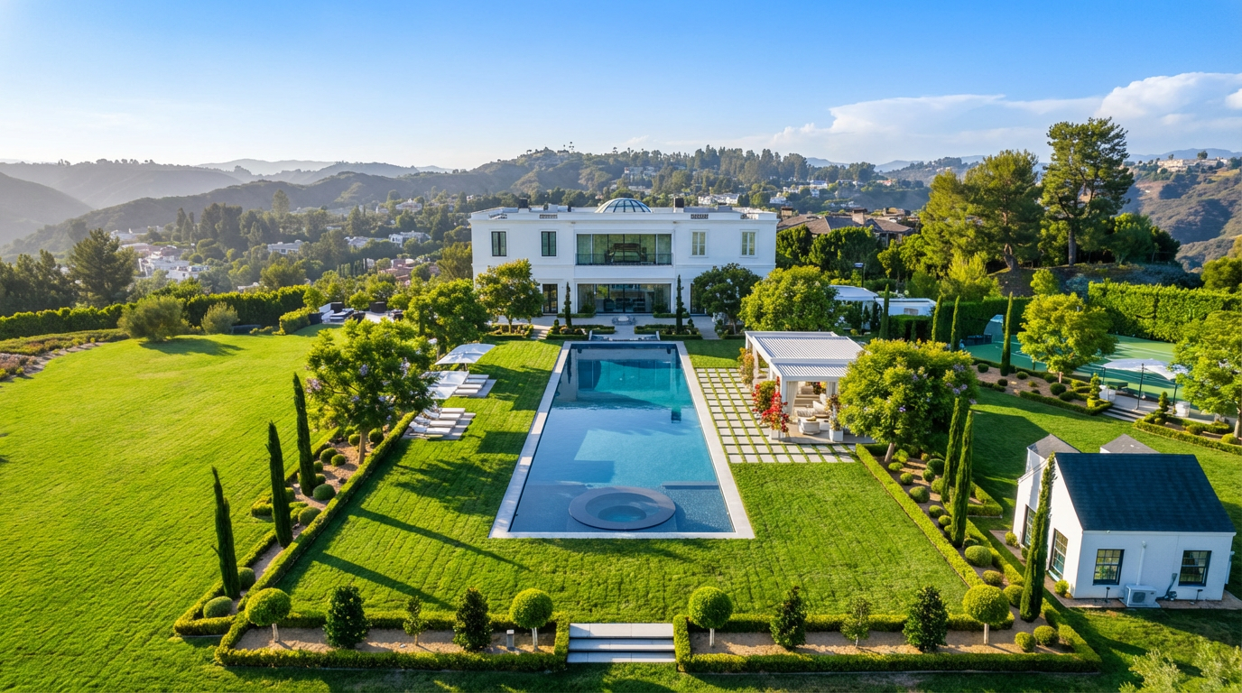 This aerial view showcases a luxurious estate featuring a pristine lawn, a large rectangular pool with an integrated jacuzzi, and a grand white mansion in the background. A pergola-covered outdoor seating area and manicured landscaping enhance the property's appeal. The scene exudes elegance and privacy, highlighting the spaciousness and exclusivity of the residence.