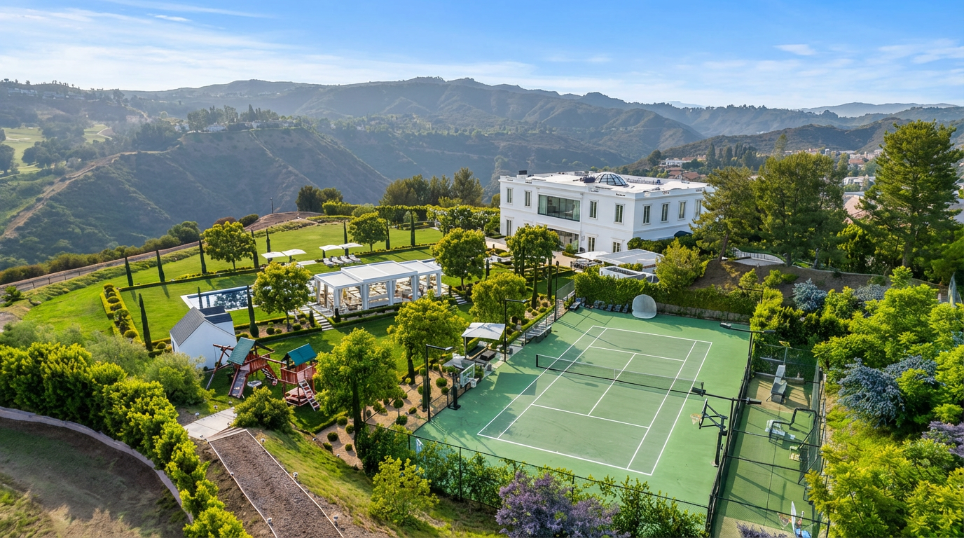 This aerial shot showcases a luxurious estate set against a backdrop of rolling hills. The property features a large tennis court, swimming pool, manicured lawns, and a grand white mansion. The overall impression is one of opulence and privacy, highlighting the extensive outdoor amenities and stunning location.