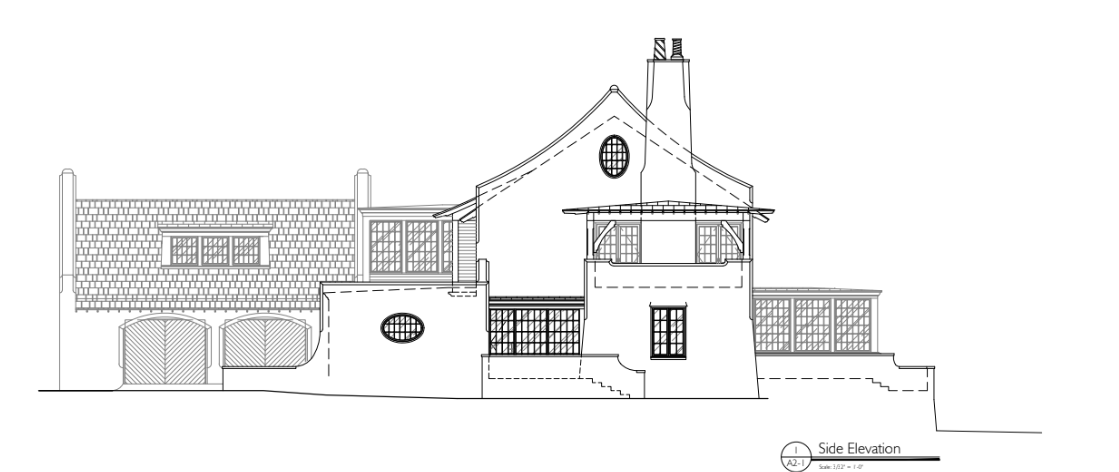 This architectural elevation drawing depicts a side view of a residence, showcasing a blend of traditional and Arts and Crafts design elements. The structure features a mix of shingled and stucco siding, a prominent chimney, and a multi-level roofline with varied window types, including circular and rectangular configurations. The design includes a garage section on the left and a covered porch area on the right, presenting a complex and well-integrated residential exterior.