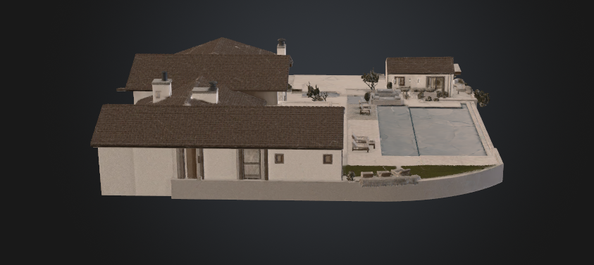 This is a 3D digital model view of a residential property, showcasing the house layout alongside an expansive pool and patio area. The architectural design features a classic pitched roof style with clean stucco walls, emphasizing an outdoor-focused lifestyle. This overhead perspective effectively highlights the integration between the indoor living space and the resort-like backyard amenities.