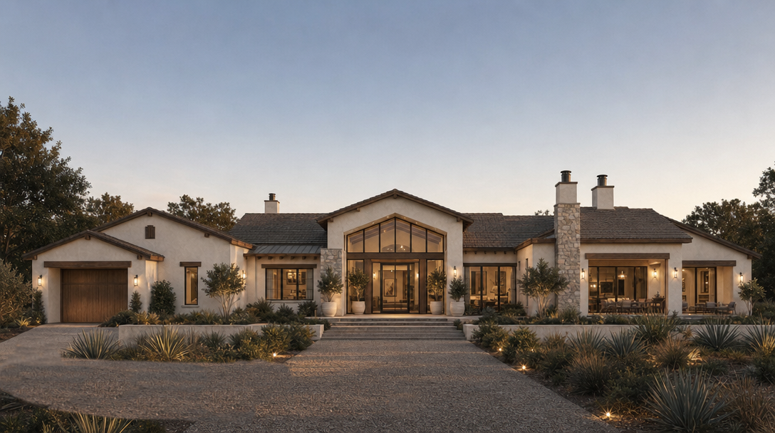 This stunning custom estate features a sophisticated blend of Mediterranean and modern farmhouse architectural styles, characterized by its stucco facade, stone accents, and expansive floor-to-ceiling glass entryway. The property boasts professional landscaping with drought-tolerant plantings, a grand paved driveway, and a welcoming, warm ambiance illuminated by integrated exterior lighting. It presents a luxurious and high-end curb appeal, ideal for a prestigious residential listing.