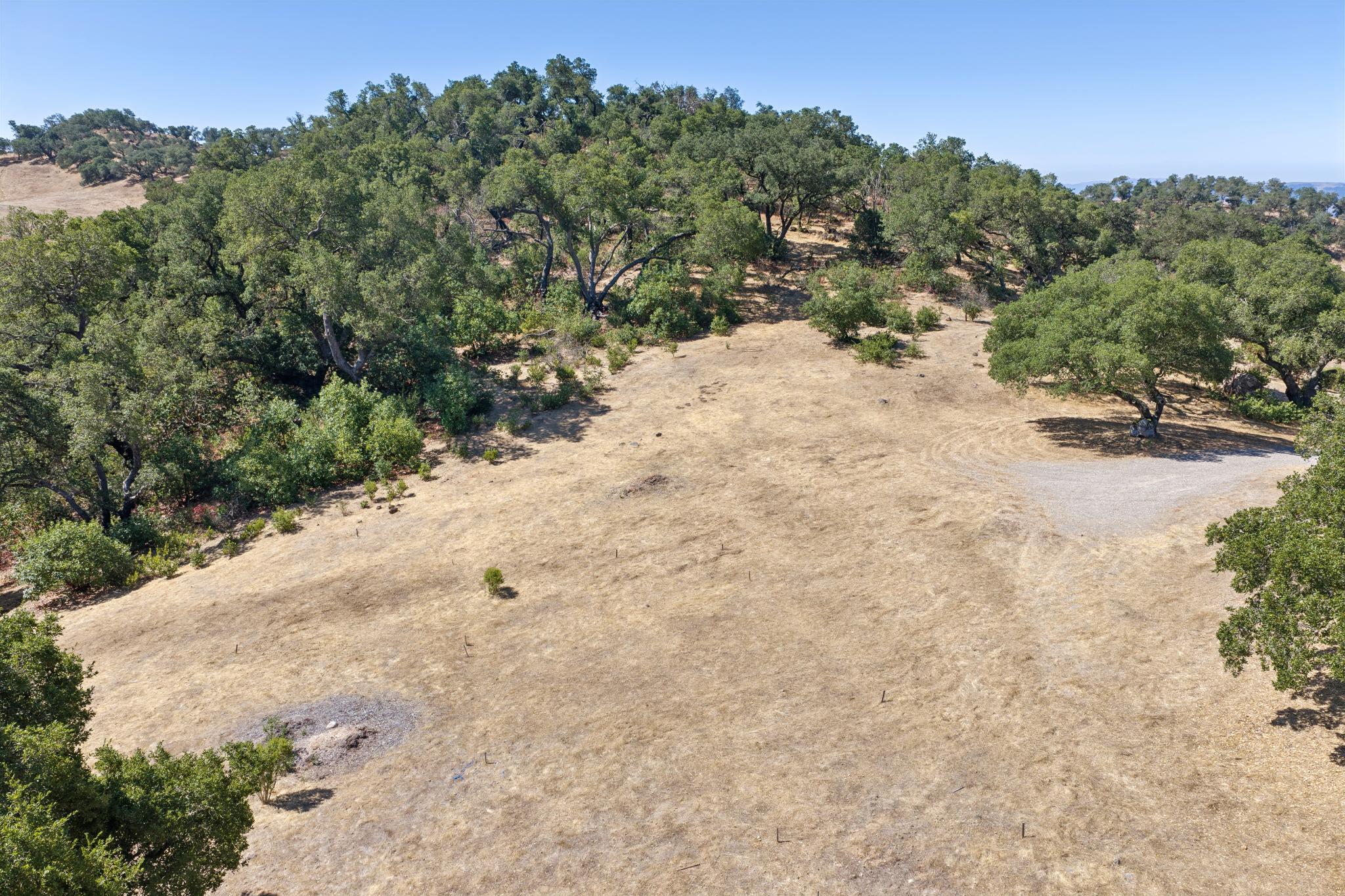 This aerial view showcases a expansive, sun-drenched plot of open land bordered by a dense, mature forest of oak trees. The property features a natural landscape with dry grasses and a small, gravel-covered clearing, suggesting significant potential for building or landscaping projects. The overall impression is one of peaceful seclusion and natural beauty in a rural setting.