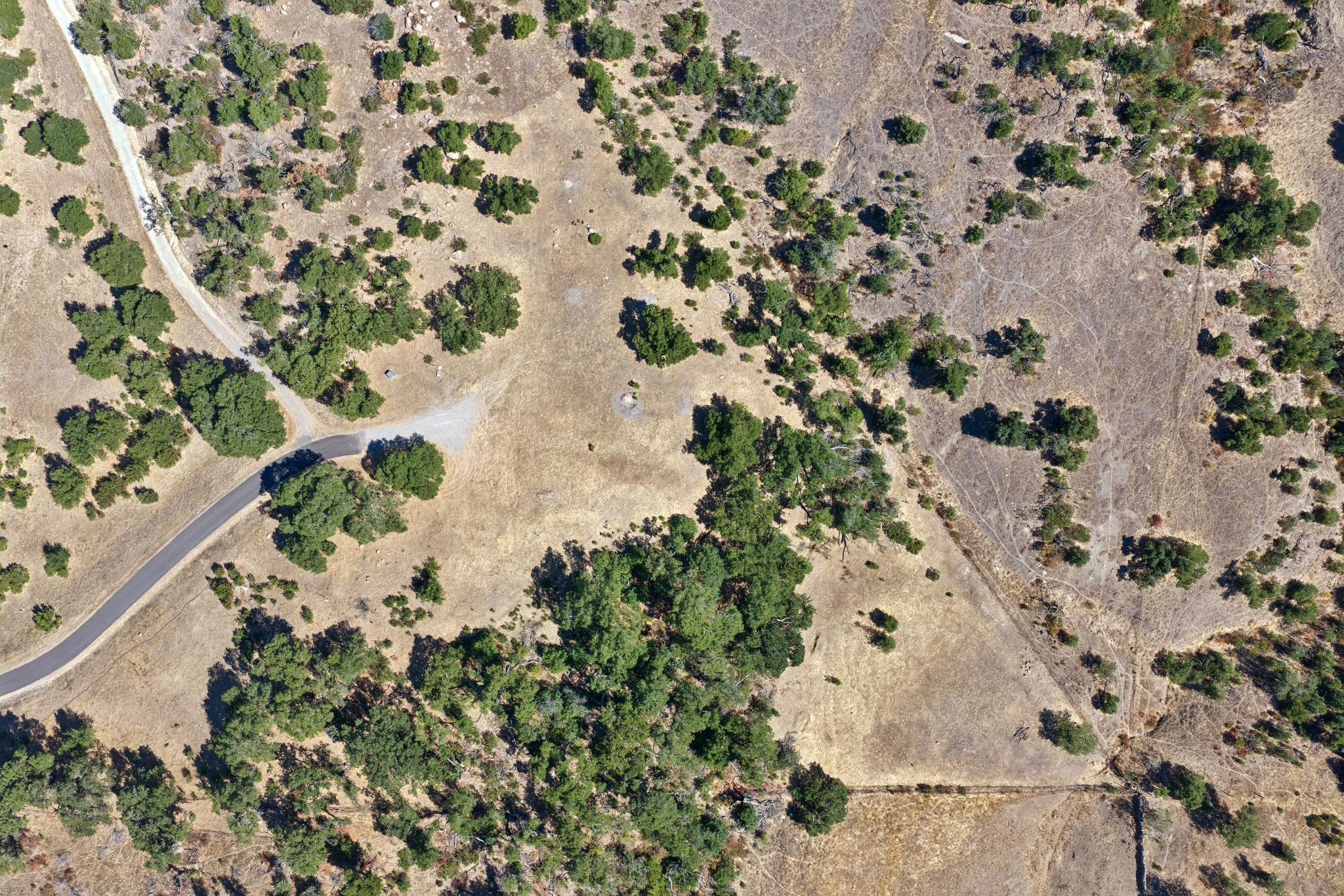 This is an aerial view of a large, dry, rural property landscape. The scene features a paved road winding through open, arid terrain characterized by patches of grass and scattered oak trees, suggesting a peaceful, expansive natural setting ideal for custom development or recreation.