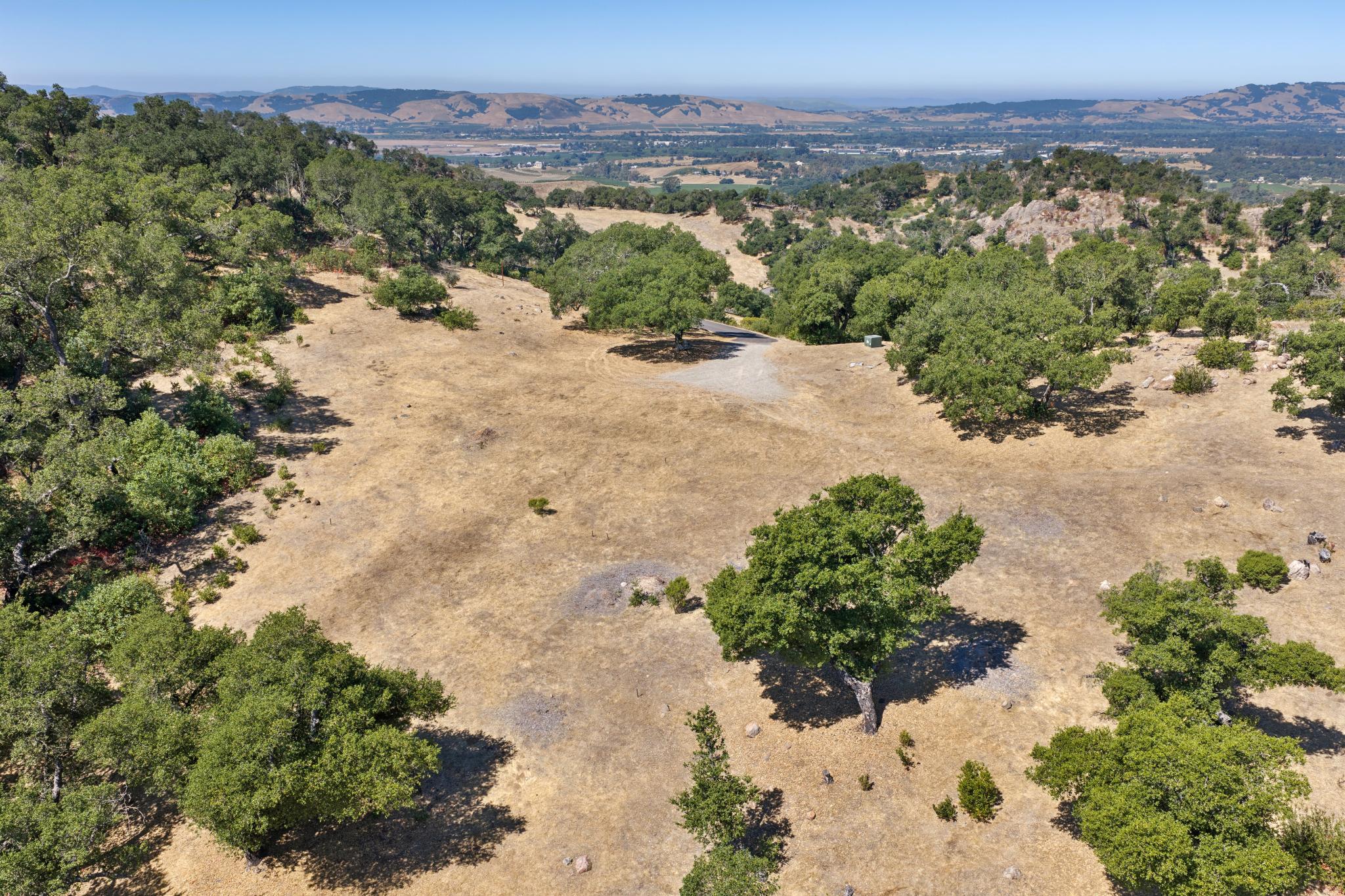 This aerial view showcases a spacious, undeveloped plot of land characterized by rolling, dry golden grasslands dotted with mature oak trees. The property features a natural topography and includes a small, gravel-surfaced driveway segment that leads toward a valley view in the distance. It offers a peaceful, rustic aesthetic ideal for those seeking privacy and a connection with the surrounding countryside.