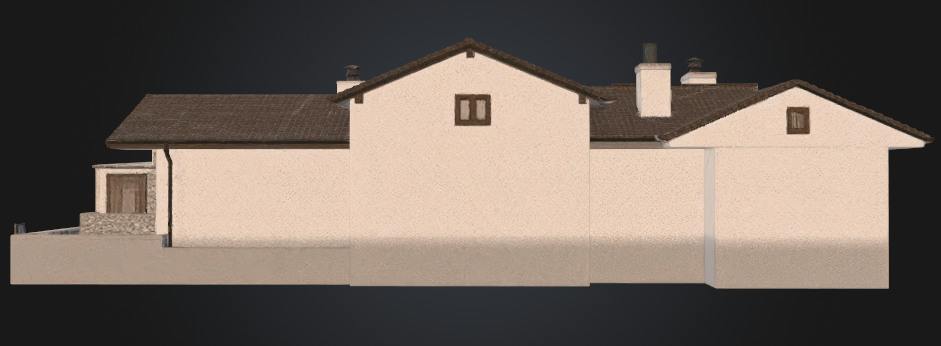This is a side-profile view of a single-story residential home with a light-colored stucco exterior and a brown tiled roof. The structure features multiple chimneys and small, symmetrical windows, conveying a traditional architectural aesthetic. The clear, uncluttered perspective highlights the clean lines and overall massing of the house exterior.