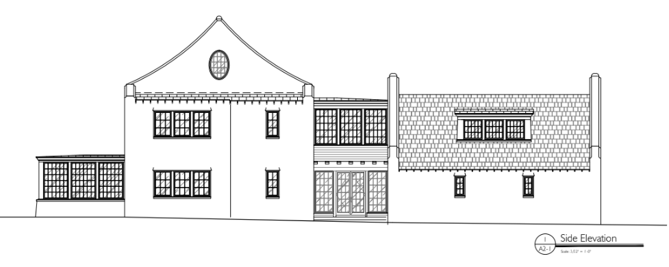 This is a detailed architectural elevation drawing showing the side view of a residence. The design showcases a sophisticated blend of traditional building styles, featuring multiple roof pitches, a prominent oval window, and extensive multi-pane fenestration. The composition includes a sunroom extension on the left and a gabled wing with a dormer window on the right, suggesting a spacious and well-proportioned custom home.