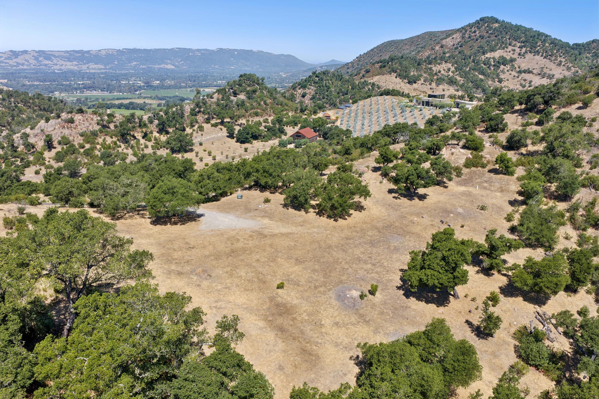 This expansive aerial view showcases a vast, rugged property nestled within hilly, oak-studded terrain. The landscape features open dry grassy fields leading toward a secluded house and a vineyard planted on the hillside, all set against a stunning backdrop of distant mountains. The property offers a sense of privacy and serene natural beauty, ideal for those seeking a rural lifestyle.