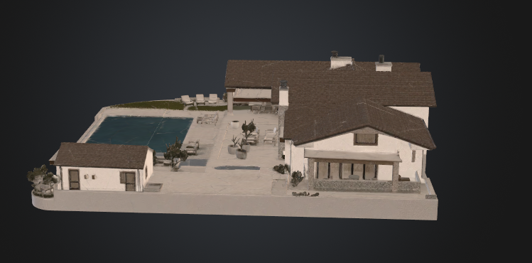 This is a 3D model perspective of a suburban home, showcasing an expansive backyard that features a rectangular swimming pool, a patio area with outdoor furniture, and a detached structure. The house has a traditional architectural style with a brown shingled roof, light-colored exterior walls, and a stone-accented chimney. The layout highlights an integrated indoor-outdoor living space, perfect for entertaining and relaxation.