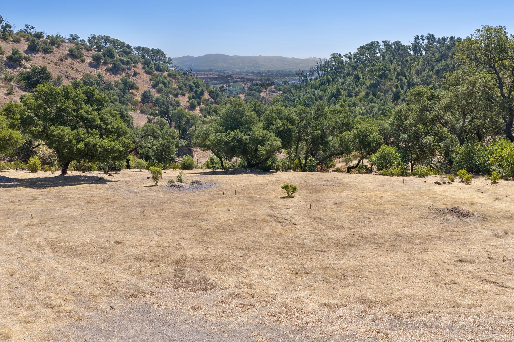 This expansive, sun-drenched lot features a large open field of dry grass, ideal for landscaping or potential development. The property is framed by rolling hills, mature oak trees, and natural foliage, offering a private and tranquil setting with sweeping mountain views in the distance. The overall impression is one of a rustic, peaceful escape with significant scenic potential.