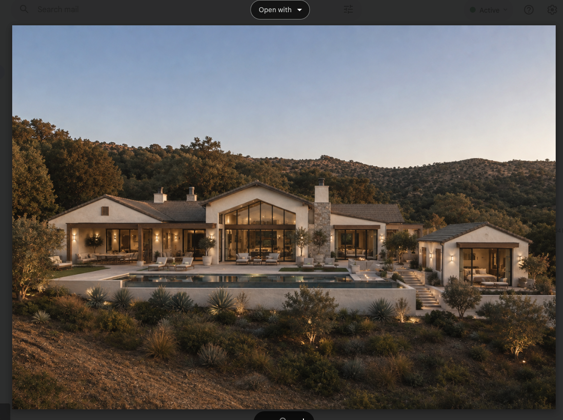 This stunning Mediterranean-style estate features a expansive rear view showcasing a custom infinity-edge pool and integrated outdoor living space. The residence is characterized by its large floor-to-ceiling windows, stone masonry, and a cohesive blend of natural textures that harmonize with the rugged hillside backdrop. This home offers an exceptional indoor-outdoor flow, ideal for luxury entertaining and enjoying scenic views.