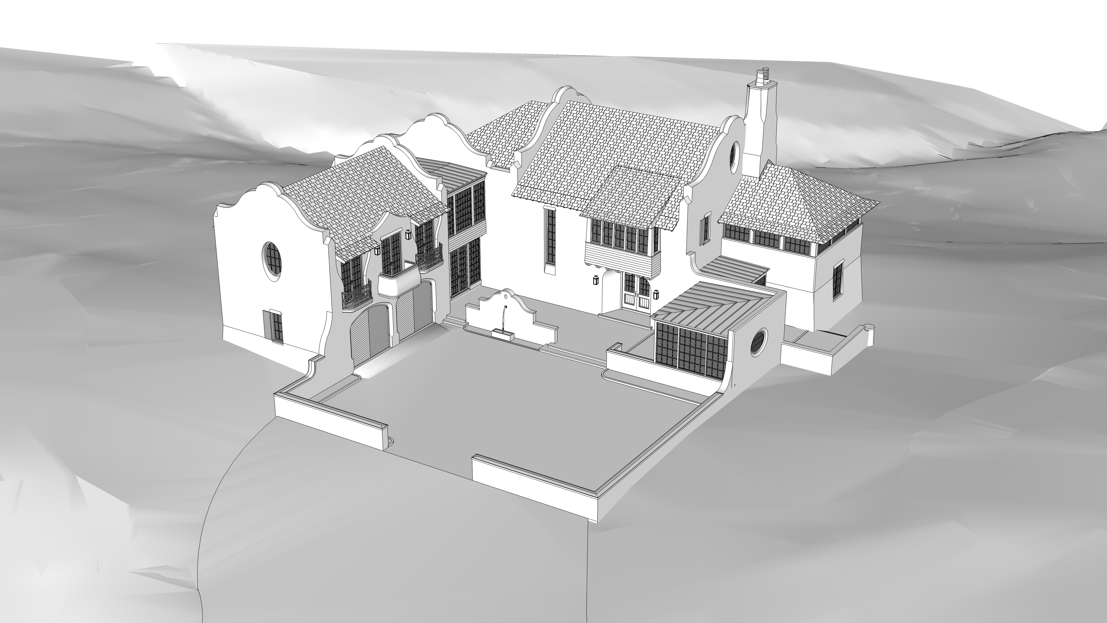 This is a 3D architectural rendering of a Spanish Colonial-style residence, showcasing a courtyard layout. The home features classic design elements such as a curved parapet roofline, stucco-style walls, tiled roofs, and an attached garage. The elevated perspective highlights the private enclosed courtyard and the overall structure's sophisticated, traditional aesthetic.