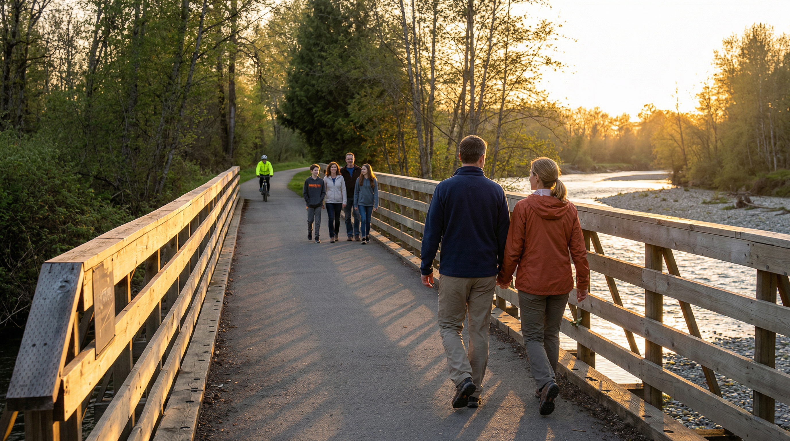 This image showcases a scenic community amenity, a wooden bridge, bustling with pedestrians and a cyclist at sunset. The golden hour light bathes the scene, reflecting off the river and casting long shadows. It highlights a recreational area that promotes an active lifestyle and enhances the desirability of the community.