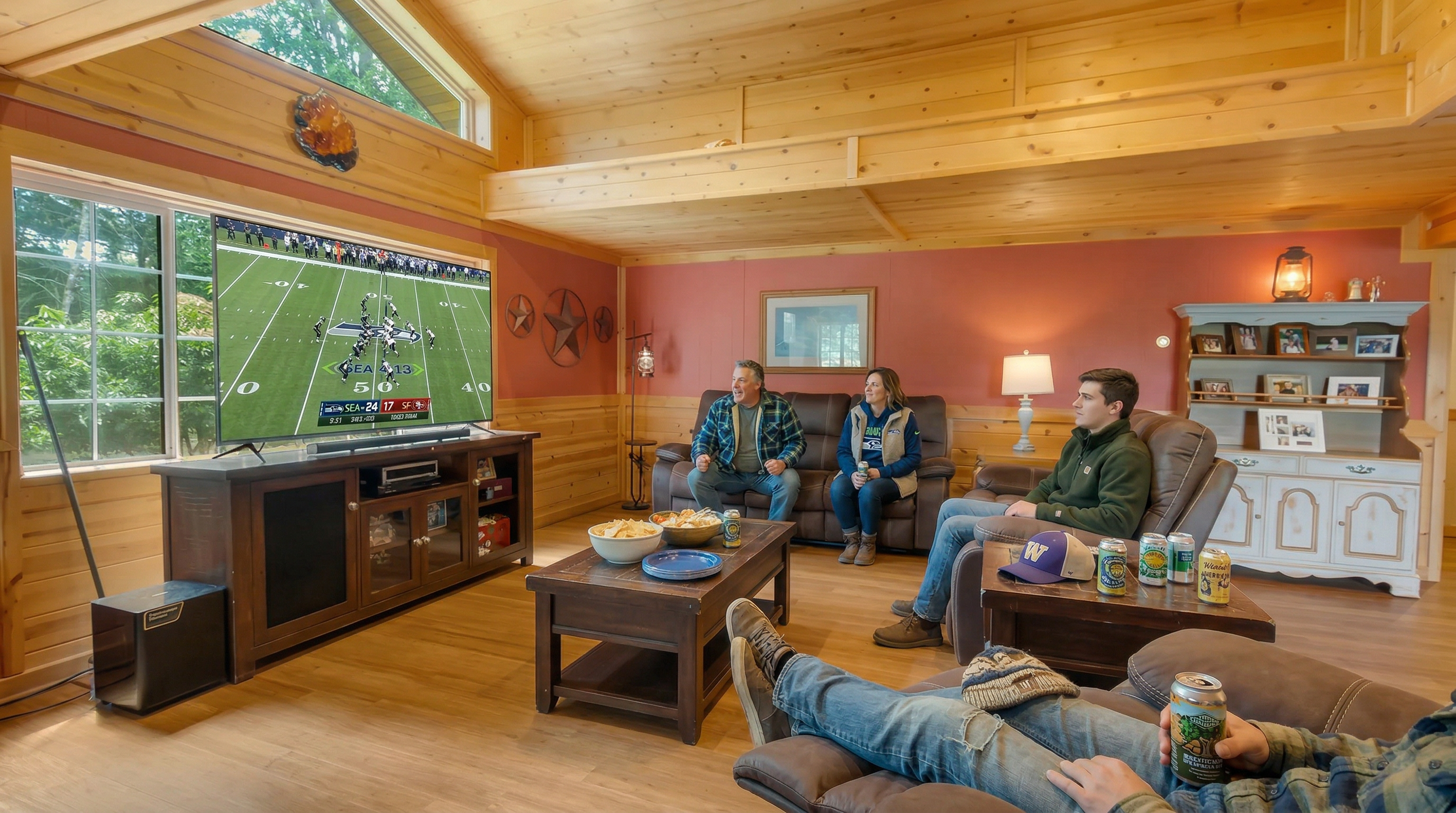 This living room showcases a cozy, rustic design with wood-paneled walls and ceilings. A large television displaying a football game is the focal point, around which a small group relaxes comfortably, enjoying snacks and drinks. The furniture consists of leather sofas and wooden coffee tables, contributing to the room's warm and inviting atmosphere.