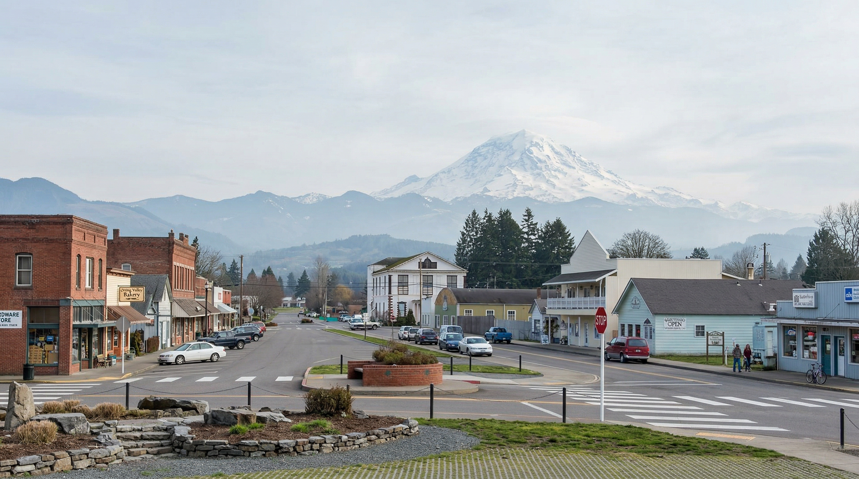This exterior front view showcases a quaint small town nestled against a scenic mountain backdrop. The street is lined with charming brick buildings and local businesses, evoking a sense of community. The snow-capped mountain provides a visually appealing and unique selling point, emphasizing the property's desirable location.