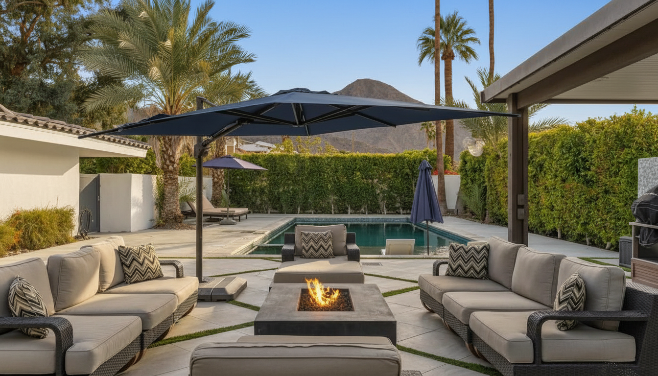 This image showcases a beautiful backyard oasis featuring a pool and spa area. The outdoor space is furnished with comfortable seating around a fire pit, creating a relaxing atmosphere. Palm trees and well-maintained landscaping enhance the property's appeal, making it an ideal space for entertaining or unwinding.