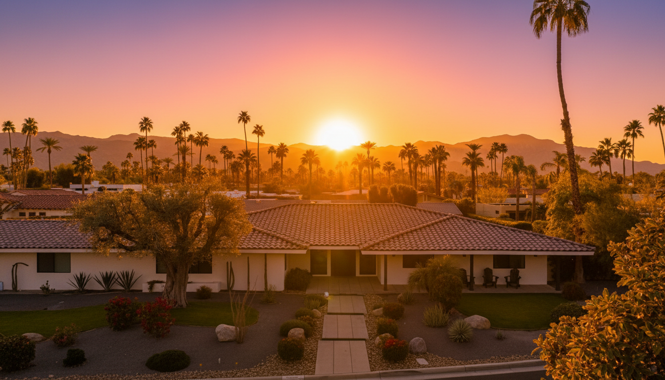 This is a front view of a well-maintained single-story home at sunset. The house features a low-pitched roof, a paved walkway to the entrance, and a professionally landscaped front yard. Palm trees and mountains are visible in the background, conveying a sense of tranquility and desirable location.