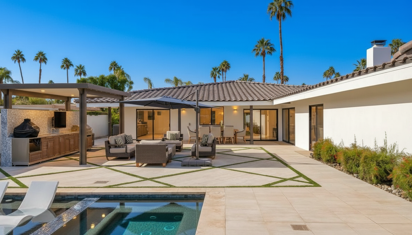 This image showcases a beautifully designed outdoor patio area. The patio features stylish outdoor furniture arranged around a central area, complemented by a built-in outdoor kitchen and a pool/spa. The design integrates well with the house, and the overall impression is one of luxury and relaxation.