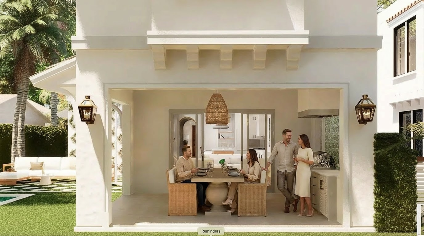 The image showcases an outdoor patio area connected to a house. The patio is furnished with a dining set. The design creates an inviting space for outdoor gatherings and relaxation.
