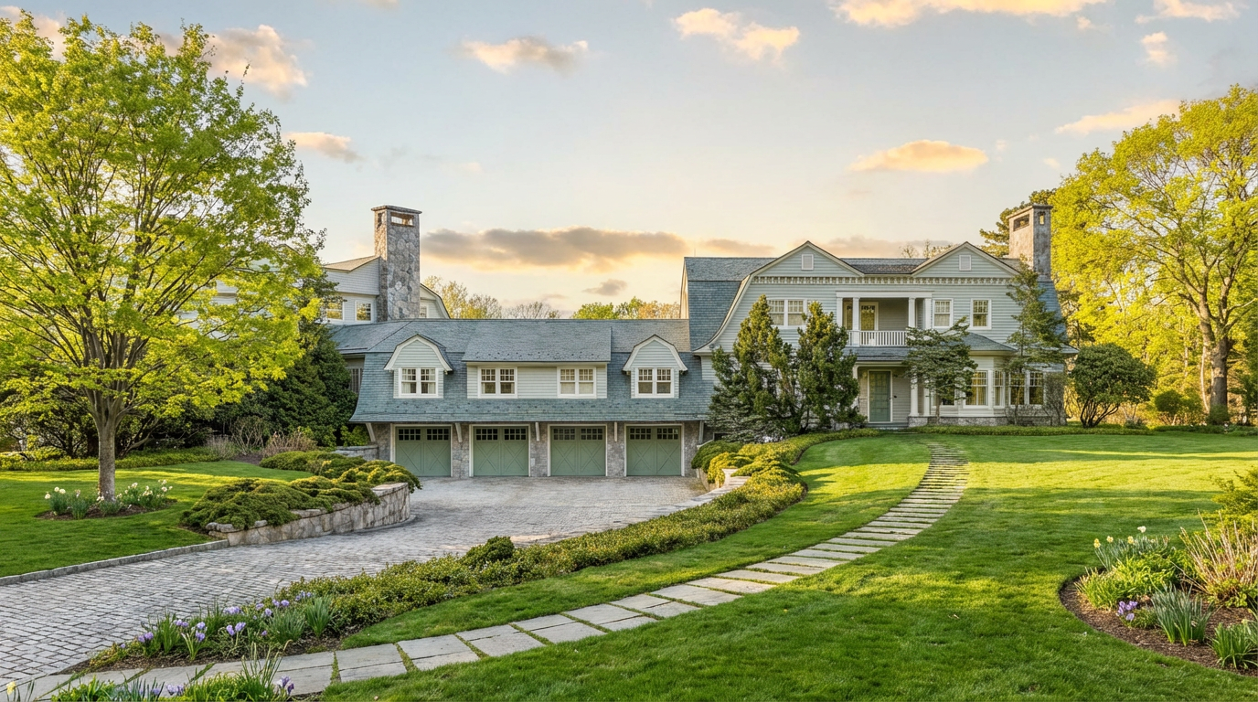 This is a front view of a stately home with a stone driveway and a well-manicured lawn. The house features a multi-car garage, a covered entryway with a balcony, and a stone chimney. The landscaping includes mature trees, bushes, and flowering plants, creating a serene and inviting atmosphere.