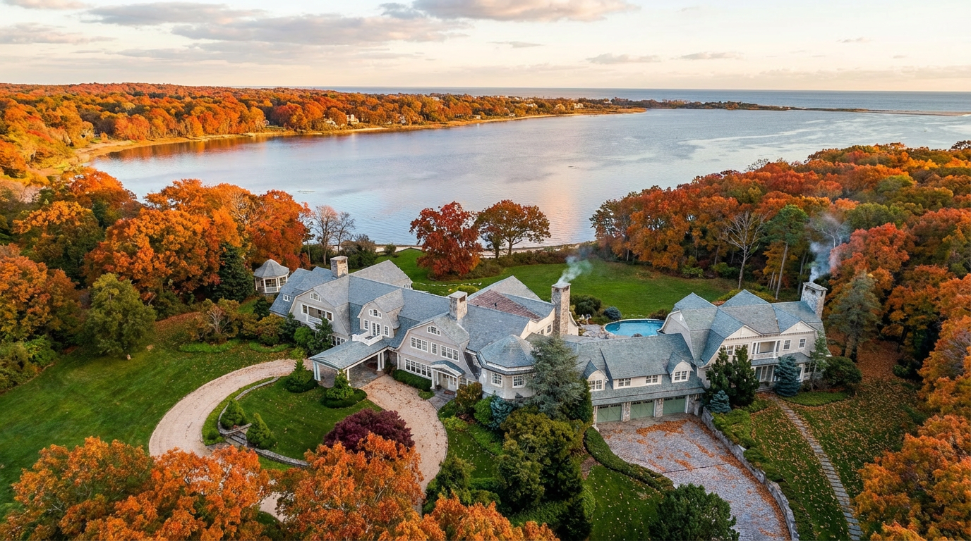 This aerial shot showcases a large, luxurious estate set against a stunning backdrop of fall foliage and waterfront. The impressive residence features multiple gabled roofs, numerous windows, and a prominent chimney, giving it a stately allure. A carefully manicured lawn, a winding driveway, and a private pool enhance the property's appeal, promising a serene and high-end living experience.