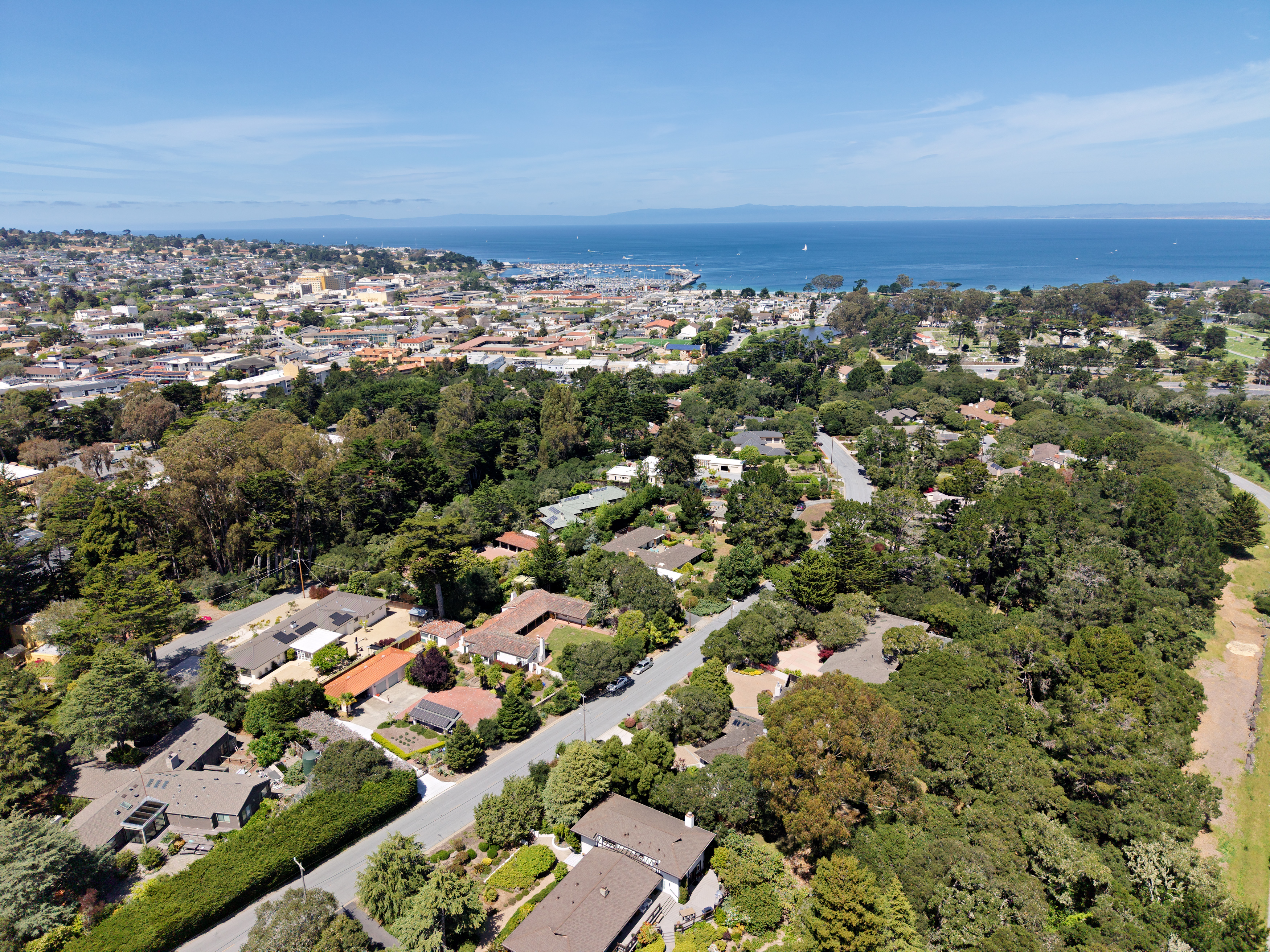This high-angle aerial view captures a lush, tree-lined residential neighborhood situated along a coastal landscape. The perspective looks out toward a sparkling blue bay, showcasing a mix of single-family homes nestled among dense greenery and winding streets. The scene conveys a peaceful, established community atmosphere with a clear view of the distant shoreline and harbor.