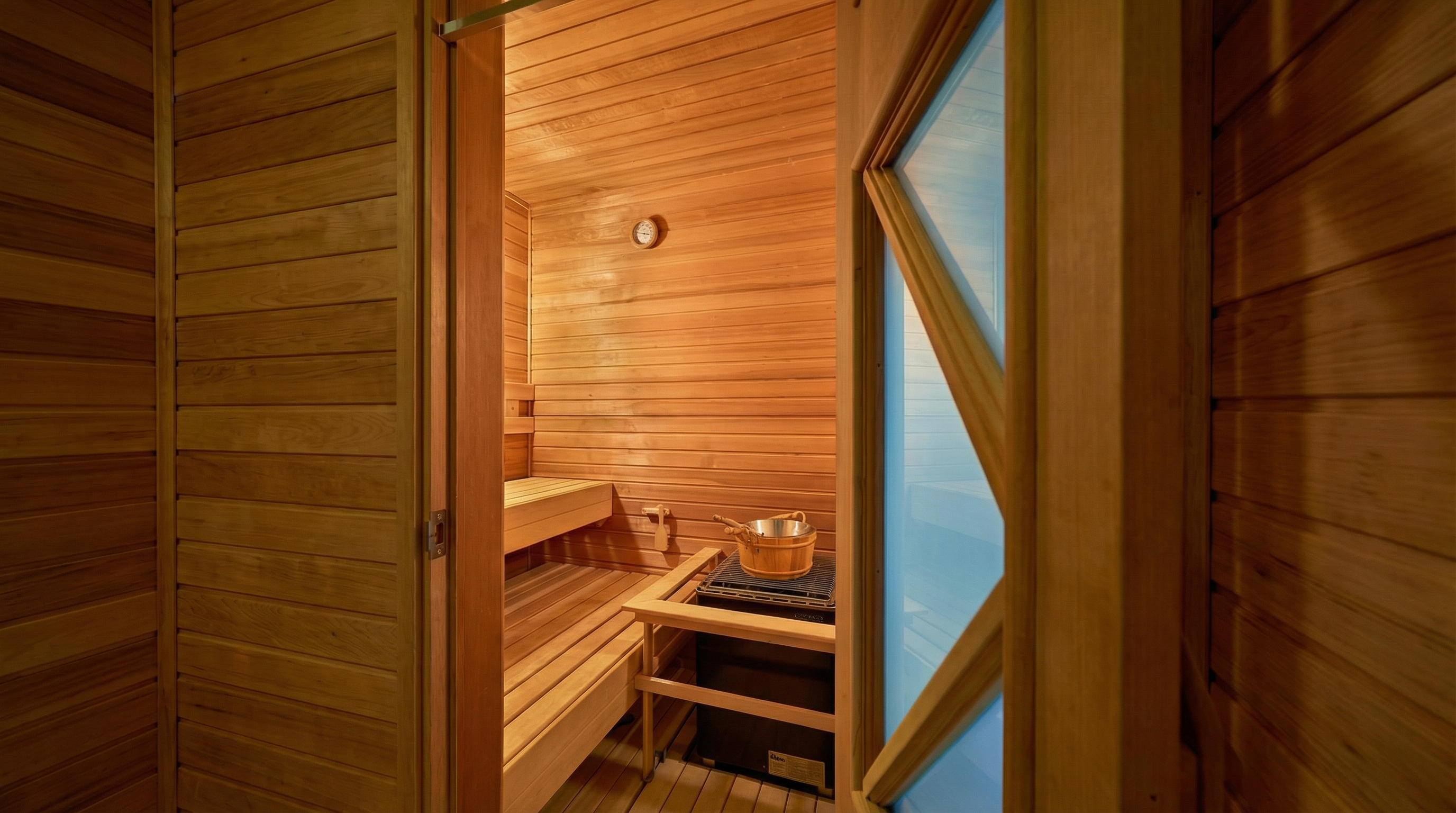 This image showcases a sauna, featuring horizontal wood paneling on the walls and ceiling, conveying a sense of warmth and relaxation. The room includes built-in wooden benches, a heater with a bucket on top, and a glass-paneled door that adds a touch of contemporary design. The overall impression is that of a private and luxurious spa retreat within the home.