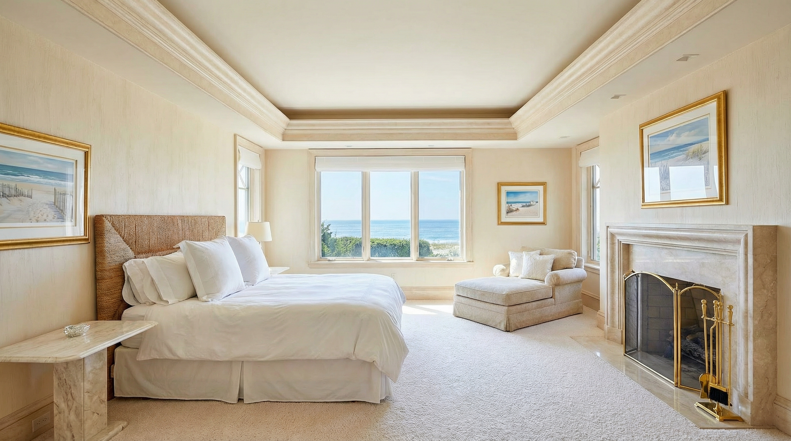This primary bedroom features a calm and inviting aesthetic with a focus on natural light and serene ocean views. A large bed with white linens serves as the focal point, while a beige upholstered chaise lounge adds a touch of luxury. The room also features a fireplace with a marble surround, and framed artwork that complements the coastal decor.
