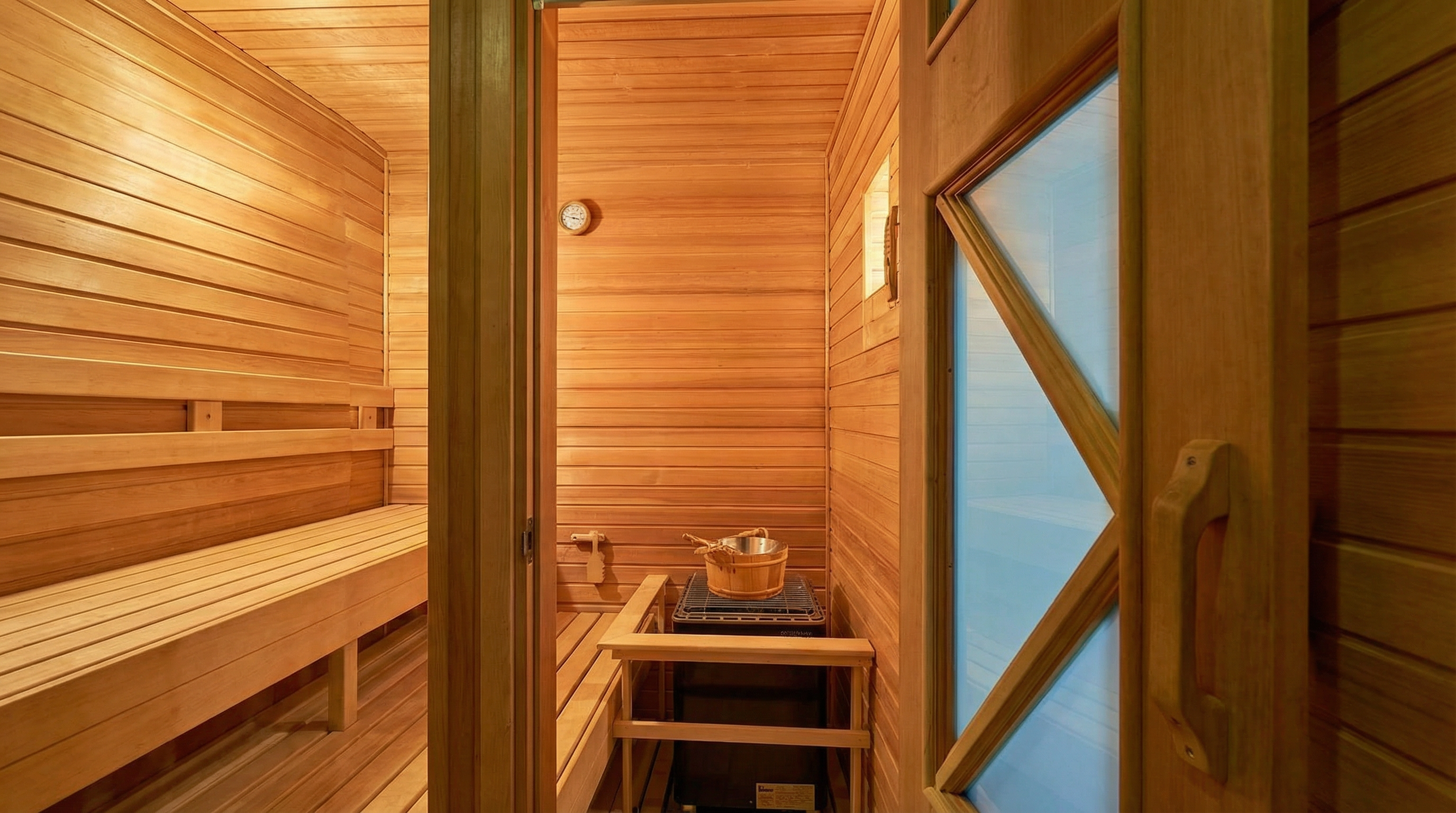 This image showcases the interior of a sauna, featuring wooden walls and benches. A wooden bucket and heating element are visible. The sauna exudes a warm, relaxing ambiance that would appeal to potential buyers looking for luxury amenities.