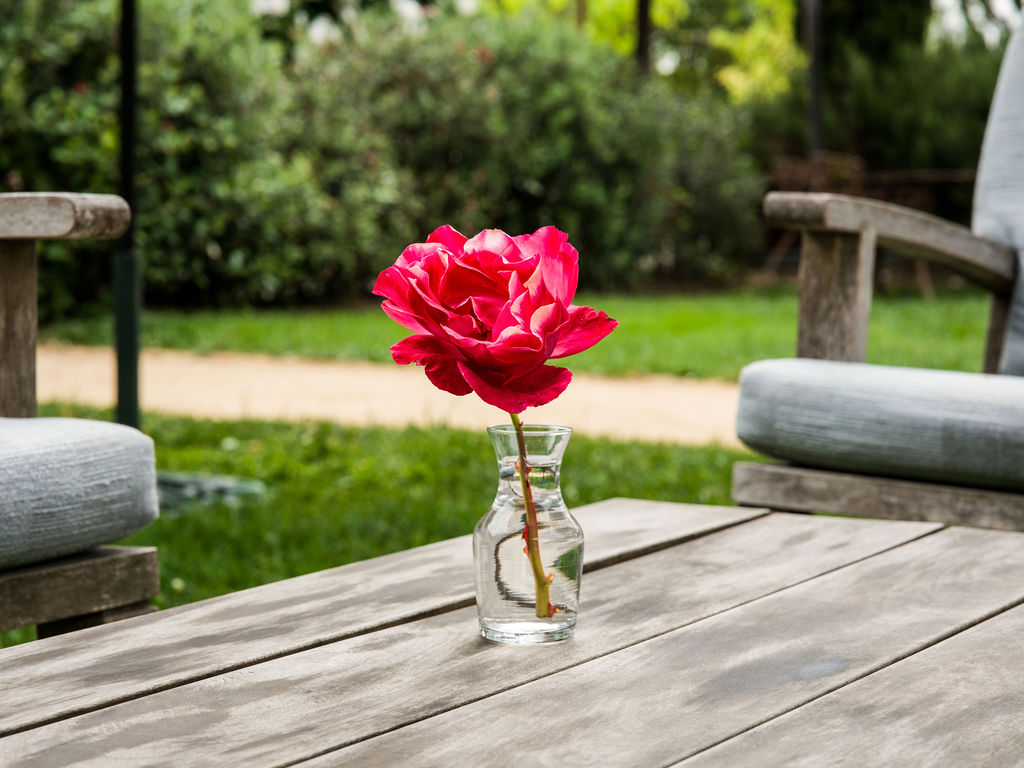 A close-up, eye-level shot captures a vibrant pink rose in a small glass vase centered on a weathered wooden outdoor table. Flanking the table are two comfortable armchairs with light-colored cushions, set against a backdrop of a lush green garden and a gravel pathway. The scene evokes a peaceful, relaxing atmosphere perfect for outdoor leisure.