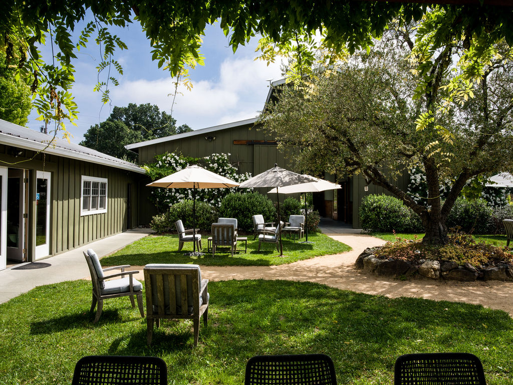 This inviting outdoor space features a lush green lawn dotted with comfortable wooden armchairs and two large umbrellas providing shade. A gravel pathway winds through the garden, leading past a mature tree and toward a rustic, olive-green barn-style building adorned with climbing white flowers. The scene is captured from a low, eye-level perspective, emphasizing the peaceful and well-maintained atmosphere of this tranquil garden setting.