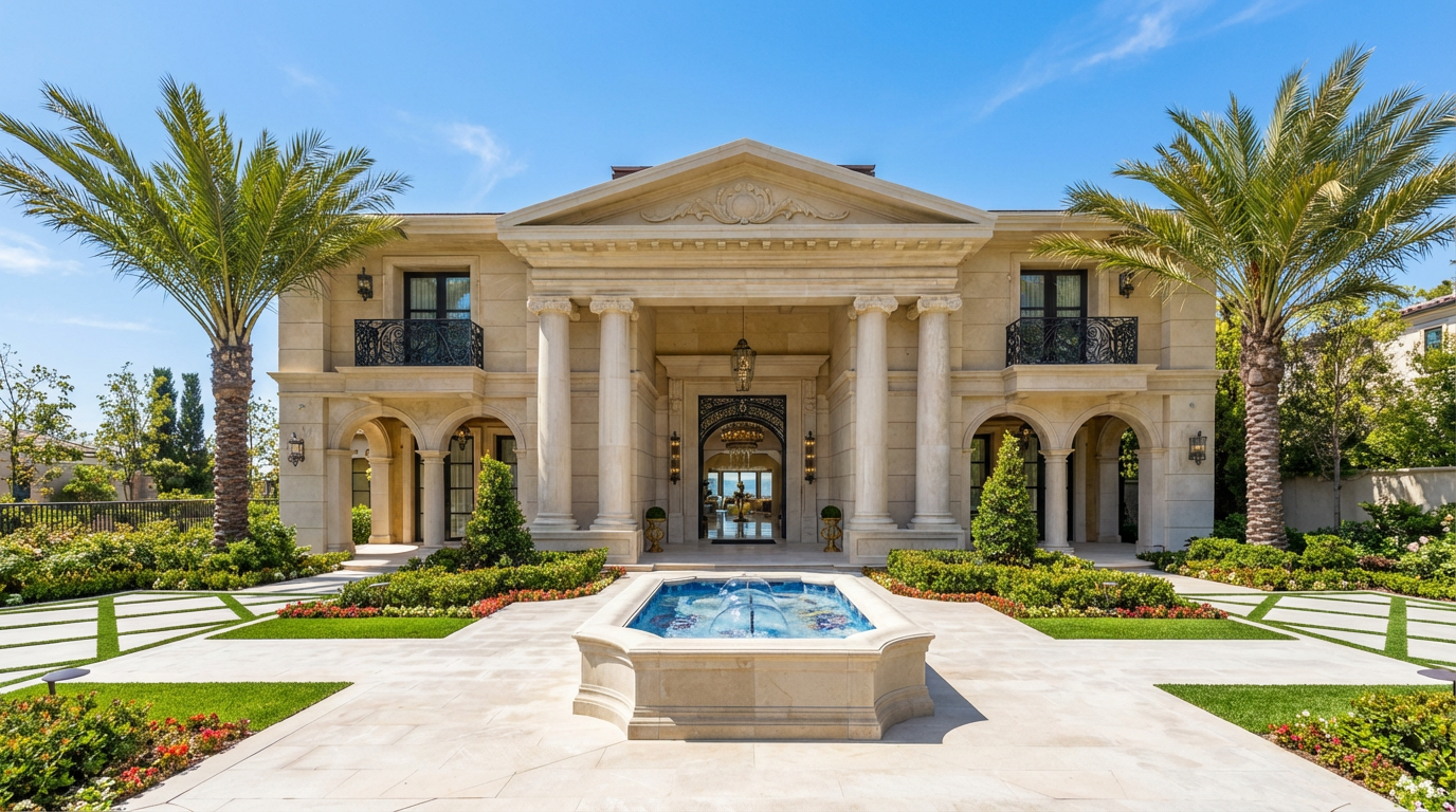 This is a high-end luxury home with a grand, symmetrical facade. The exterior features tall columns, a well-manicured lawn, palm trees, and a central water fountain creating an impressive entryway. The overall architectural style suggests opulence and sophistication, perfect for attracting discerning buyers.