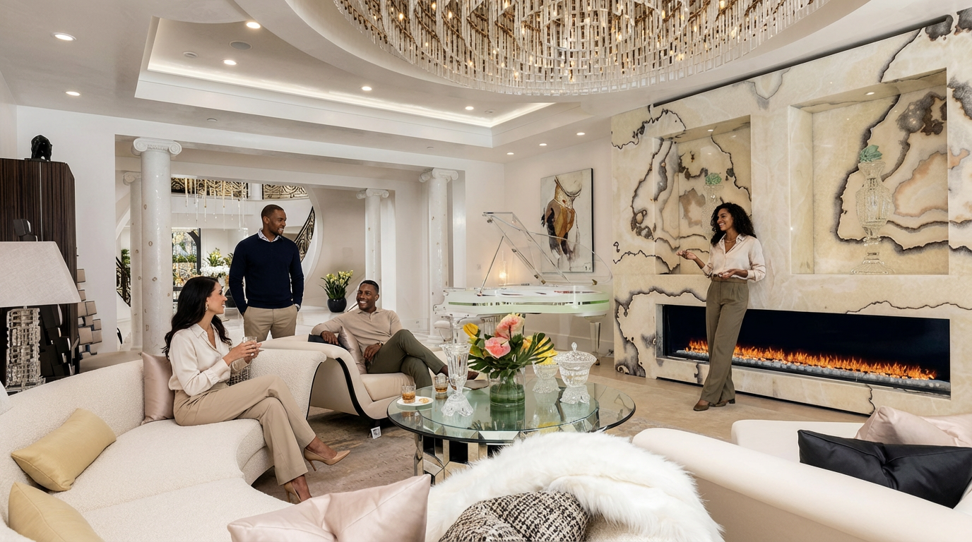 This is a luxurious living room with modern design elements. There is elegant seating, a grand piano, and a stunning fireplace feature wall. The room is spacious and features high ceilings and statement lighting, creating an atmosphere of sophistication and luxury.