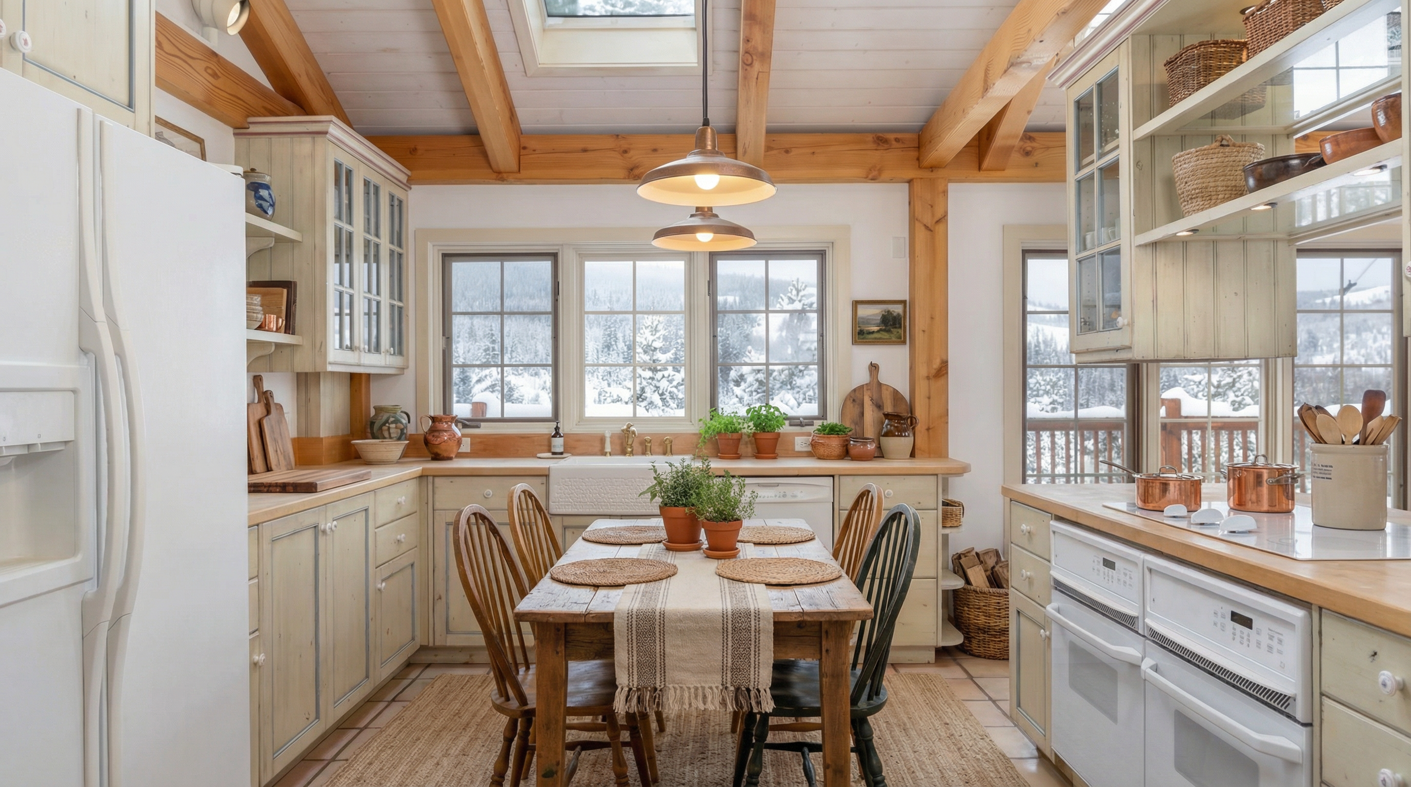 This cozy, farmhouse-style kitchen features light-toned cabinetry, exposed wooden beams, and a charming breakfast table set against large windows with snowy exterior views. It includes open shelving, copper cookware accents, and a classic apron-front sink, creating a warm and inviting atmosphere. The design seamlessly blends rustic, natural materials with modern appliances to offer both aesthetic appeal and practical functionality.