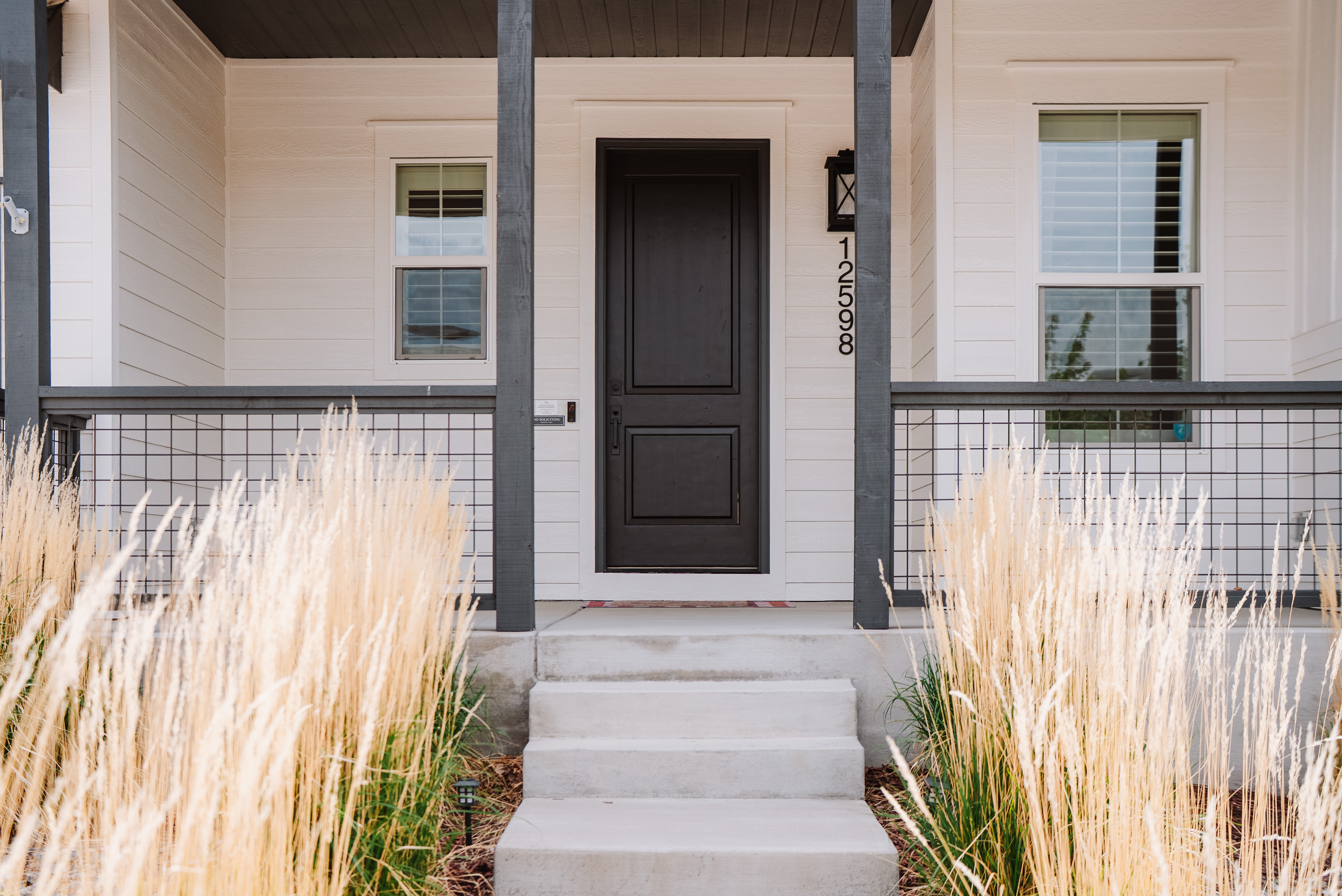 This inviting modern farmhouse entryway features a dark, solid front door flanked by large windows and black porch columns. Decorative wire railings enclose the front porch, while tall, ornamental grasses frame the central concrete steps, creating a clean, structured appearance. The crisp white horizontal siding and minimalist aesthetic give the home a polished and current curb appeal.