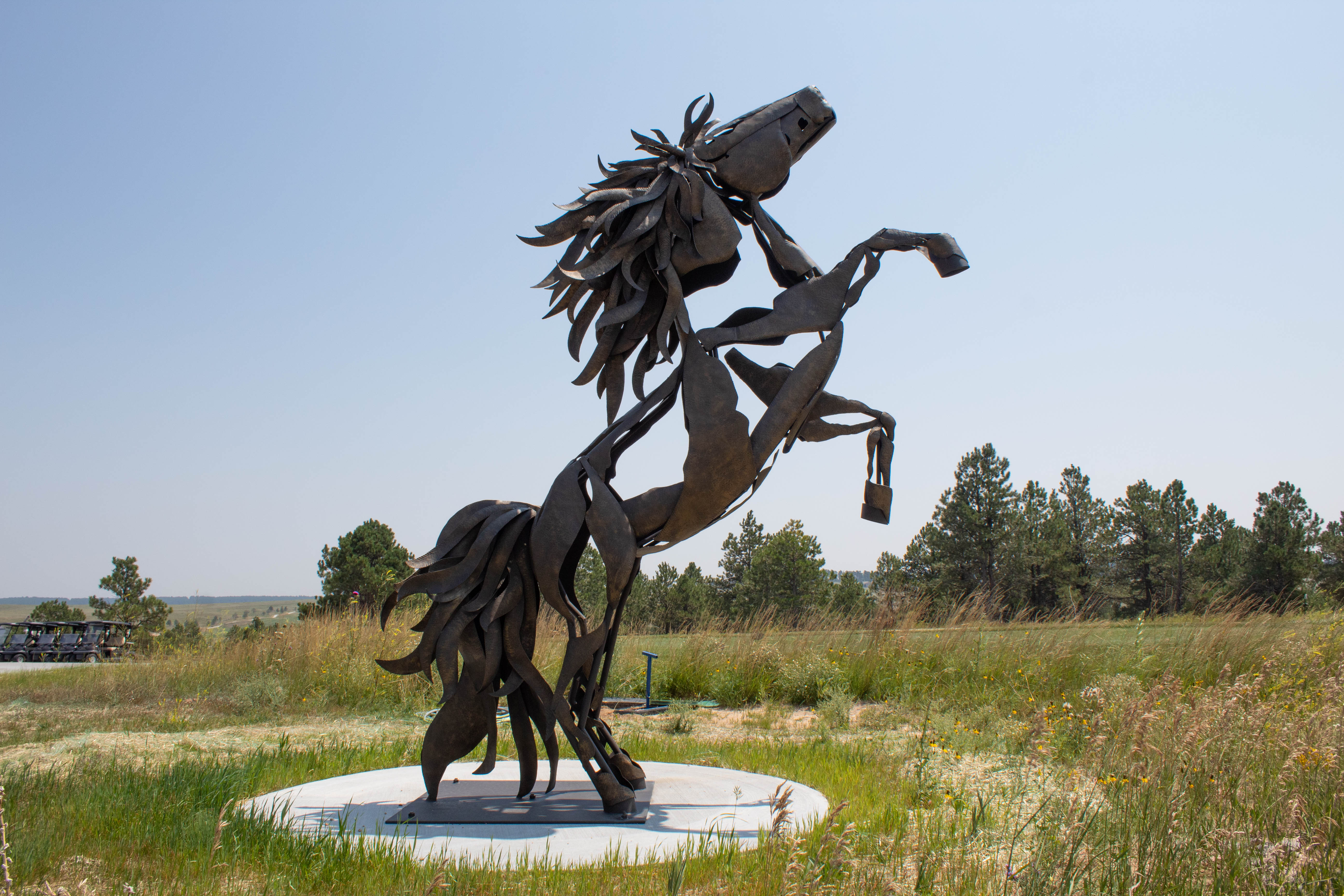 This image features a striking, life-sized metal sculpture of a rearing horse set on a circular concrete pad within an open, landscaped campus. The sculpture serves as a unique artistic focal point, likely situated in a common area or park-like space within a community. Its raw, industrial style against the backdrop of natural prairie grasses and pine trees provides a distinct aesthetic appeal.