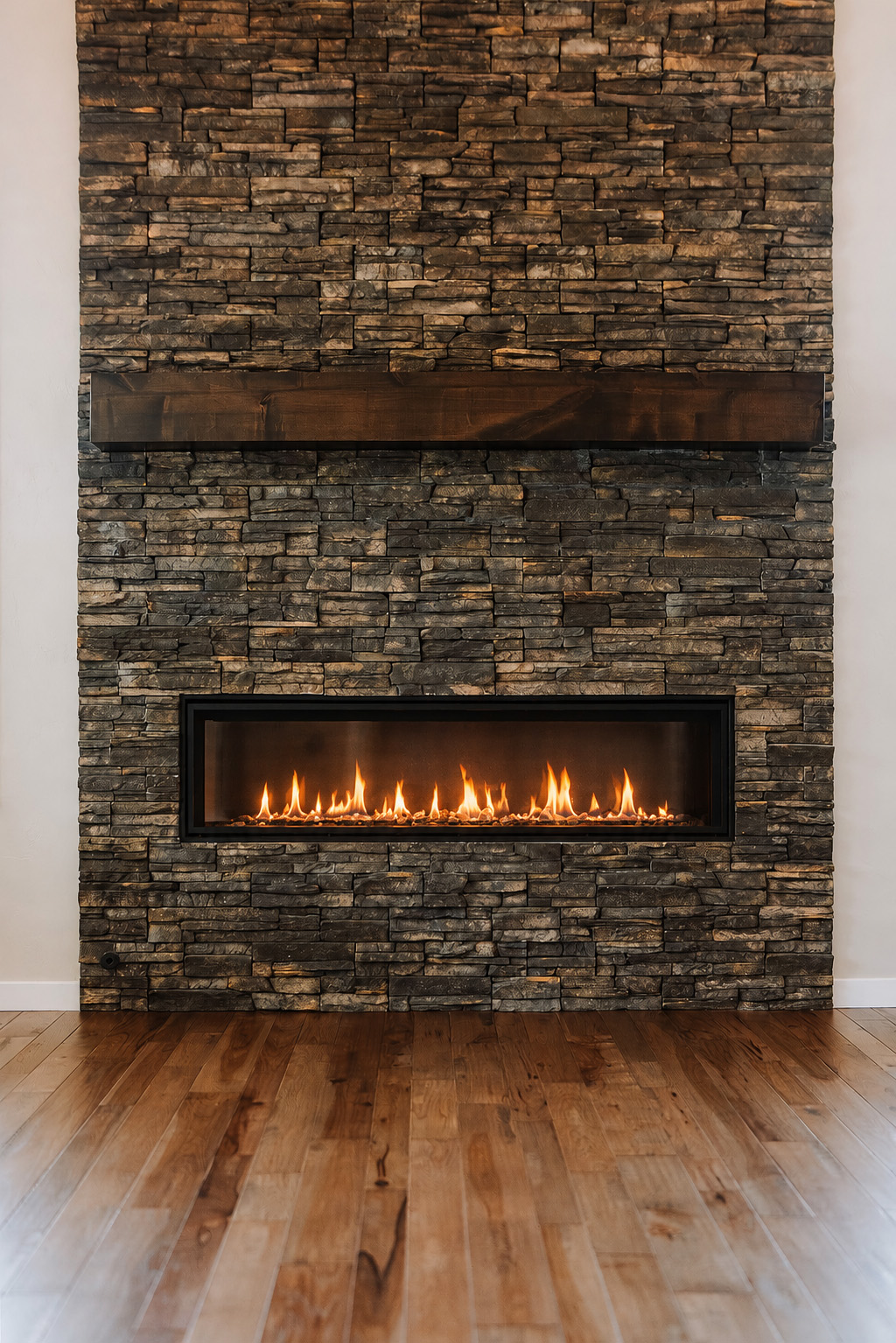 This stunning focal point features a floor-to-ceiling fireplace clad in rustic, stacked stone tiles that provide immense texture and character. A sleek, linear gas fireplace insert is embedded within the stonework, complemented by a substantial, dark-stained wooden beam mantel. The hardwood flooring enhances the warm, sophisticated design, making it an impressive interior architectural highlight.